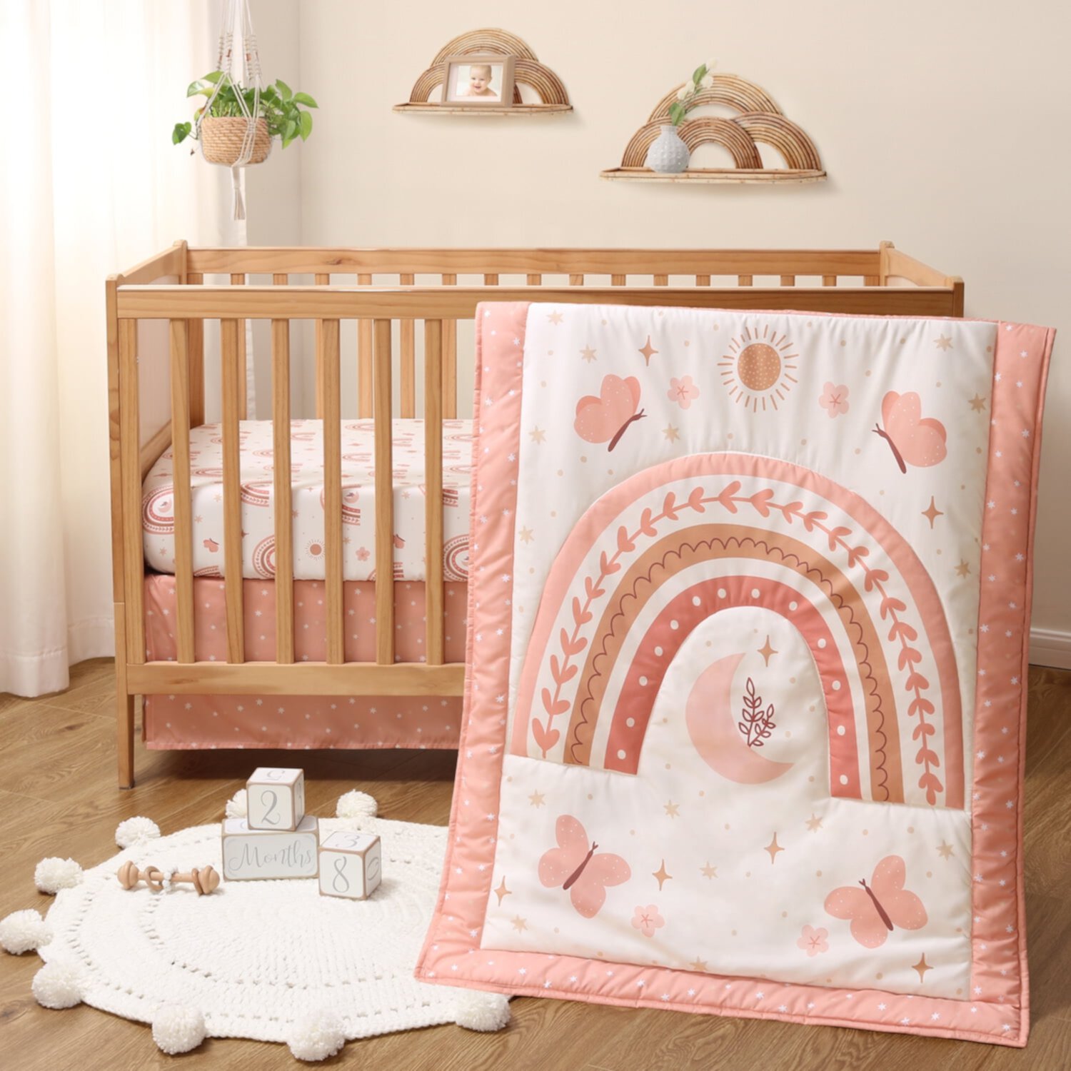 The Peanutshell Crib Bedding Set for Baby Girls, Boho Rainbow, 3 Pieces The Peanutshell