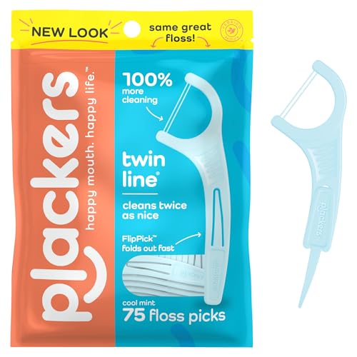 Plackers Twin-Line Dental Flossers, Cool Mint Flavor, Dual Action Flossing System, Easy Storage, Super Tuffloss, 2X The Clean, 75 Count Visit the Plackers Store