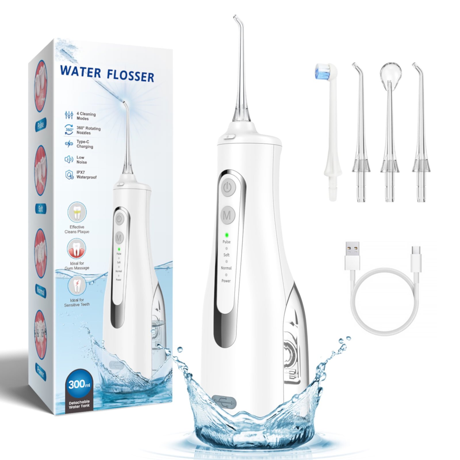 300ML  Cordless Water Flosser, Portable Dental Teeth Cleaner,  4 Modes 8 Jet Tips, IPX7 Waterproof, Easy-to-Clean（Black） Cshidworld