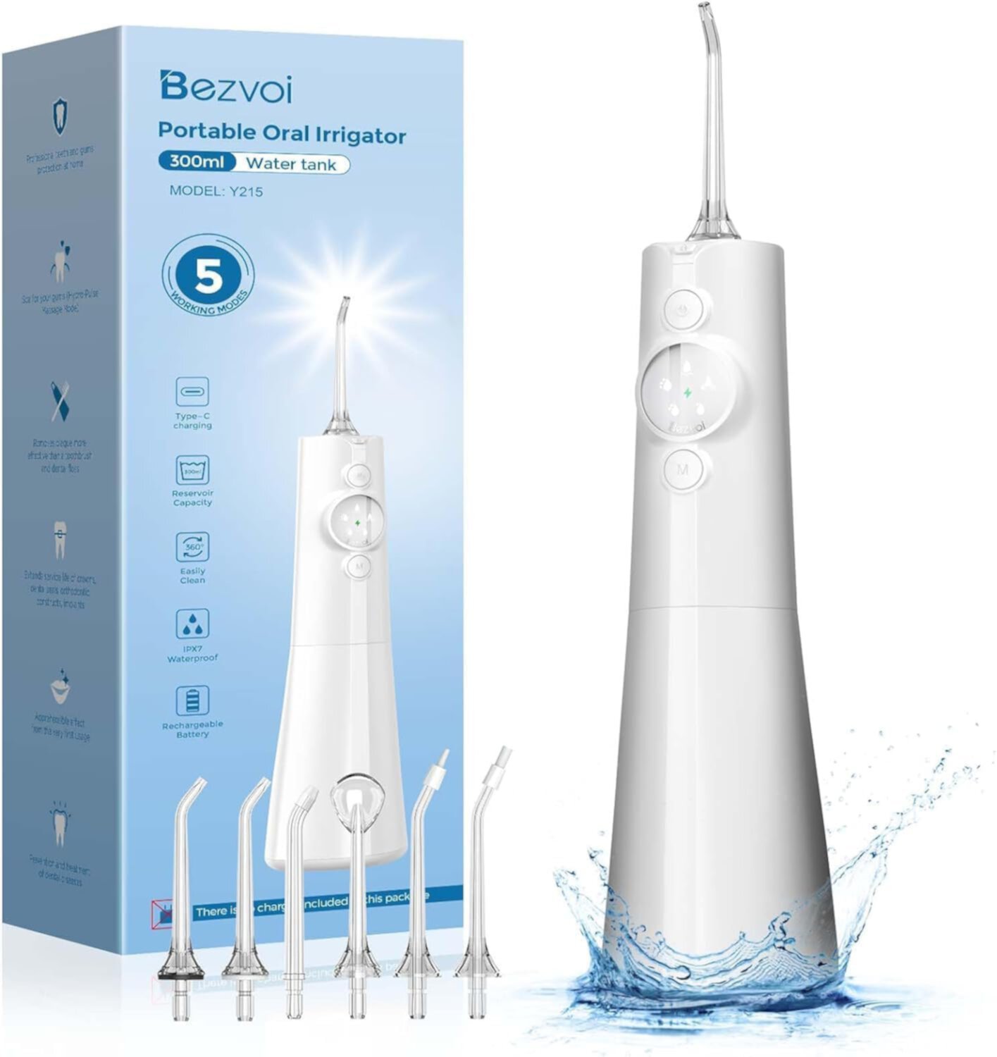 Water Flosser for Teeth Cordless: Professional Oral Irrigator LED Display 5 Modes, 300ML Water Tank, IPX7 Waterproof Electric Tooth Cleaner Picks, Water Floss with 6 Jet Tips for Home Travel Bezvoi