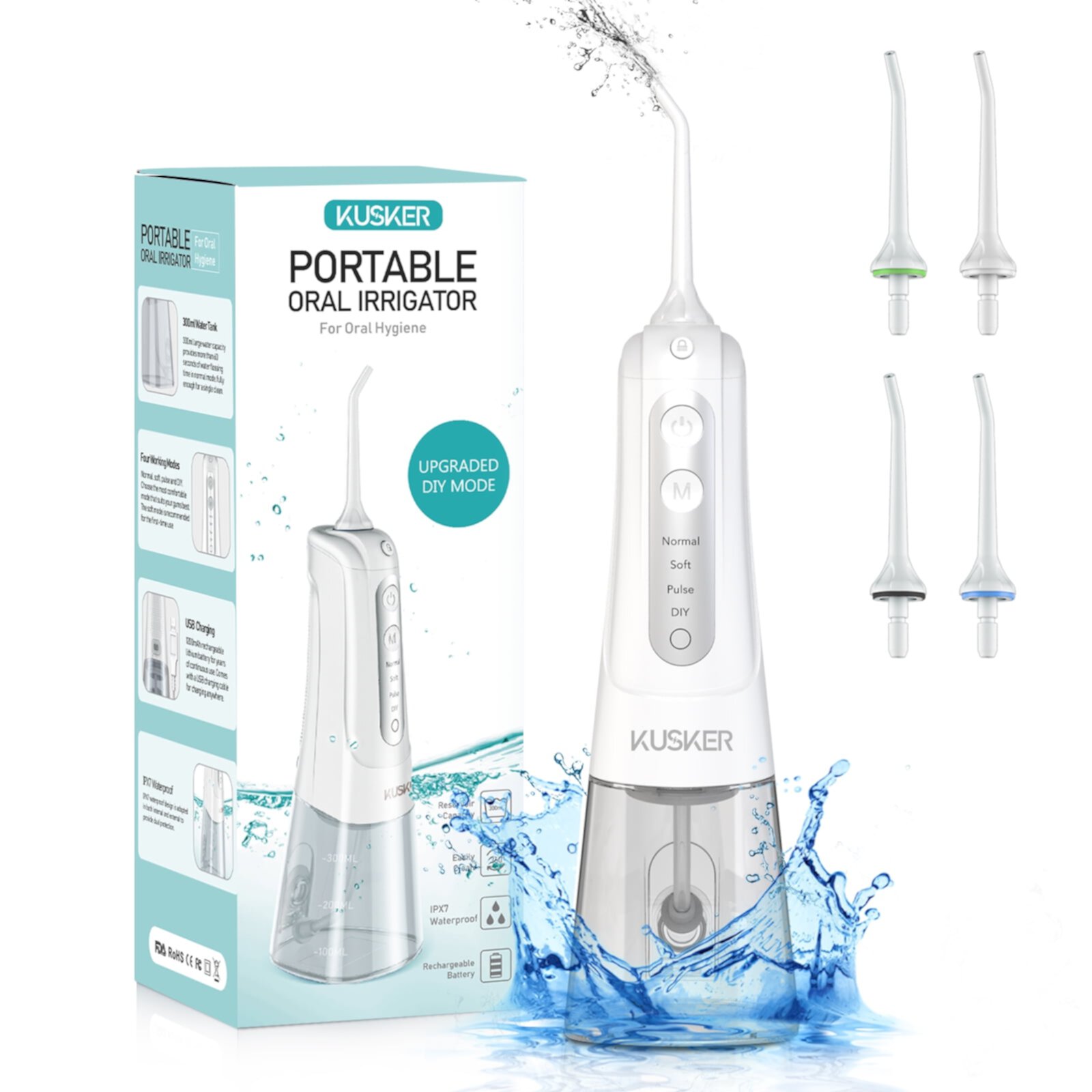 KUSKER Cordless Water Flosser, Portable Dental Oral Irrigator, 30 Days Use with 4 Modes, 4 Jet Tips KUSKER