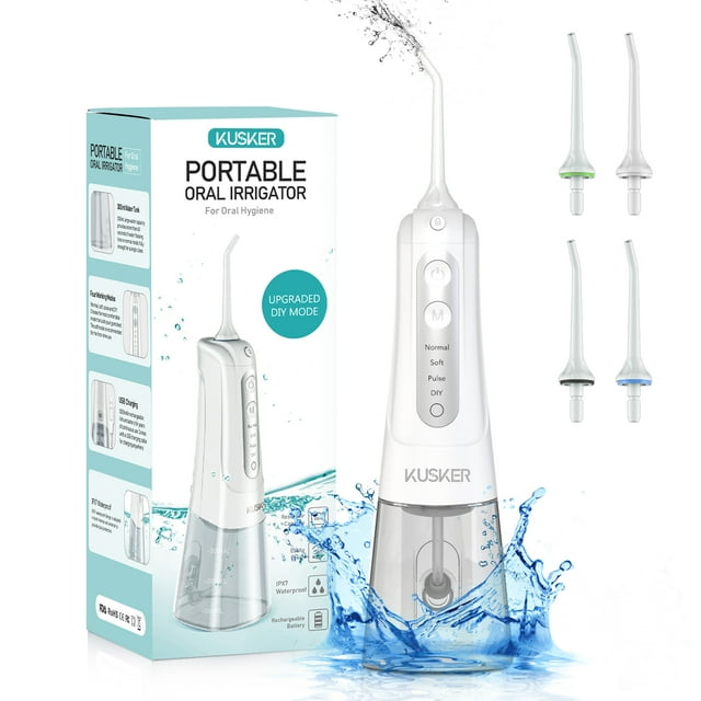 KUSKER Cordless Water Flosser, Portable Dental Oral Irrigator, 30 Days Use with 4 Modes, 4 Jet Tips KUSKER