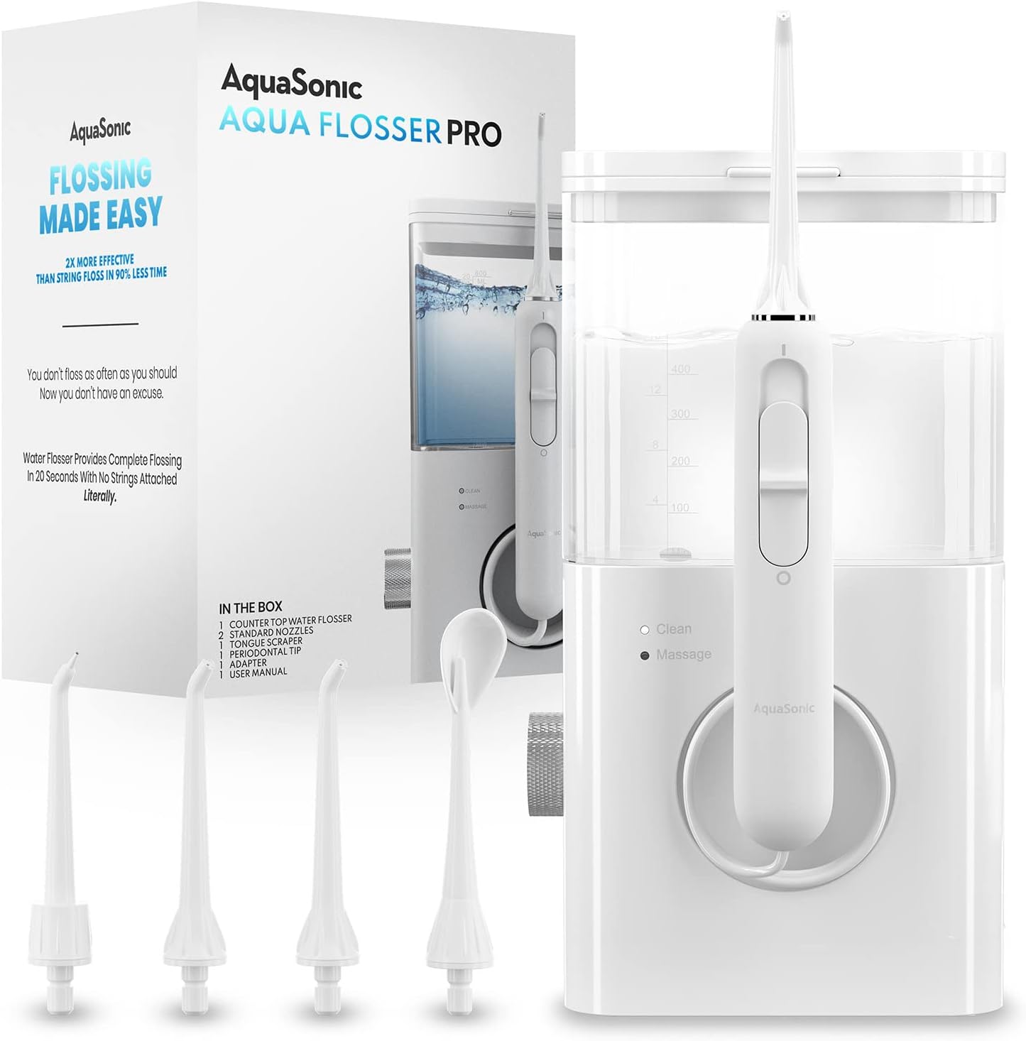 AquaSonic Aqua Water Flosser PRO Set - Professional Water Flosser with Large Reservoir - 4 Tips Included - Dentist Recommended AQUASONIC