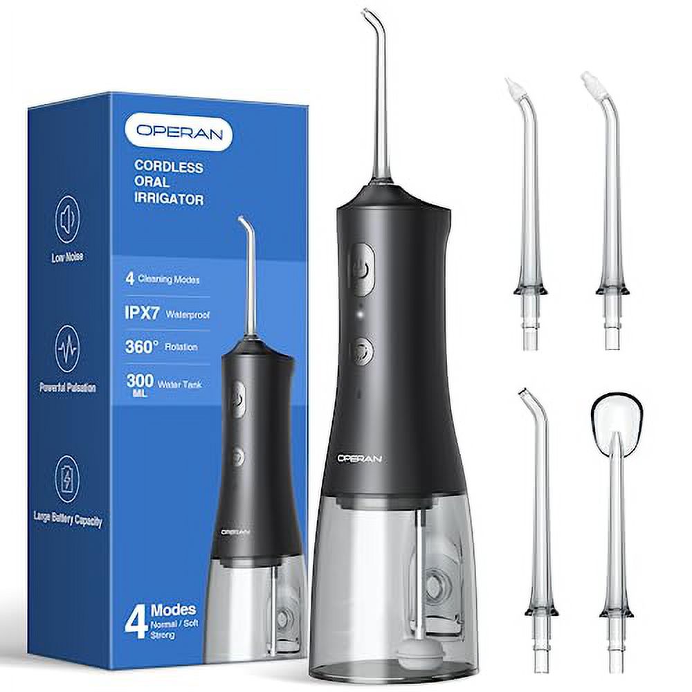 Operan Water Flossers for Teeth Cleaning Upgraded 300ml Cordless Water Flosser Portable Rechargeable Oral Irrigator with 4 Modes 4 Jet Tips IPX7 Waterproof Water Dental Flosser for Home Travel (Black) Operan