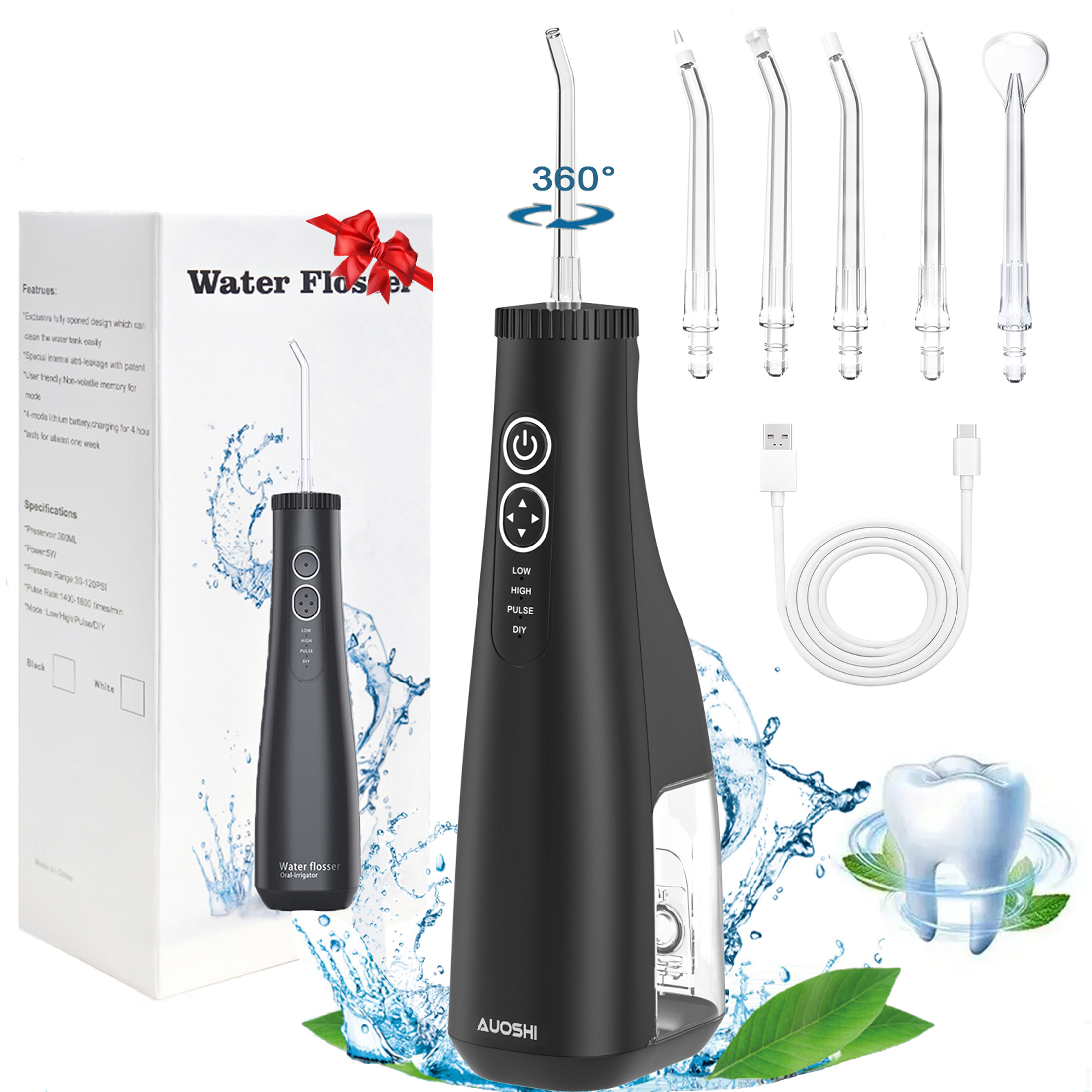 AUOSHI Water Flosser Portable Cordless Oral Irrigator , 4 Modes 5 Tips Rechargeable IPX7 Waterproof Teeth Cleaner for Home and Travel 300ML Black AUOSHI