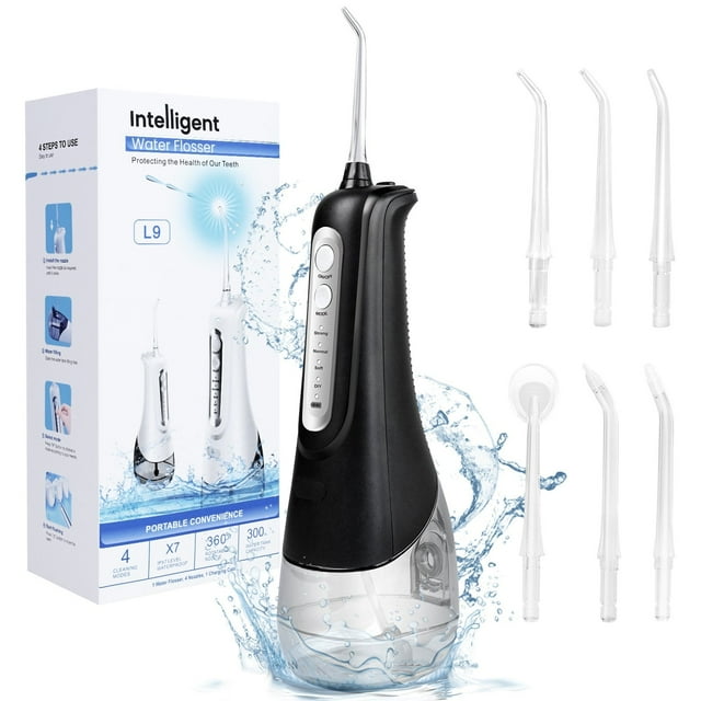 FLYINGJOING Water Flosser for Teeth Clean, Portable Cordless Electric Oral Irrigator, 300ml, 4 Modes, 6 Tips, Rechargeable Water Floss Pick- Black FLYINGJOING