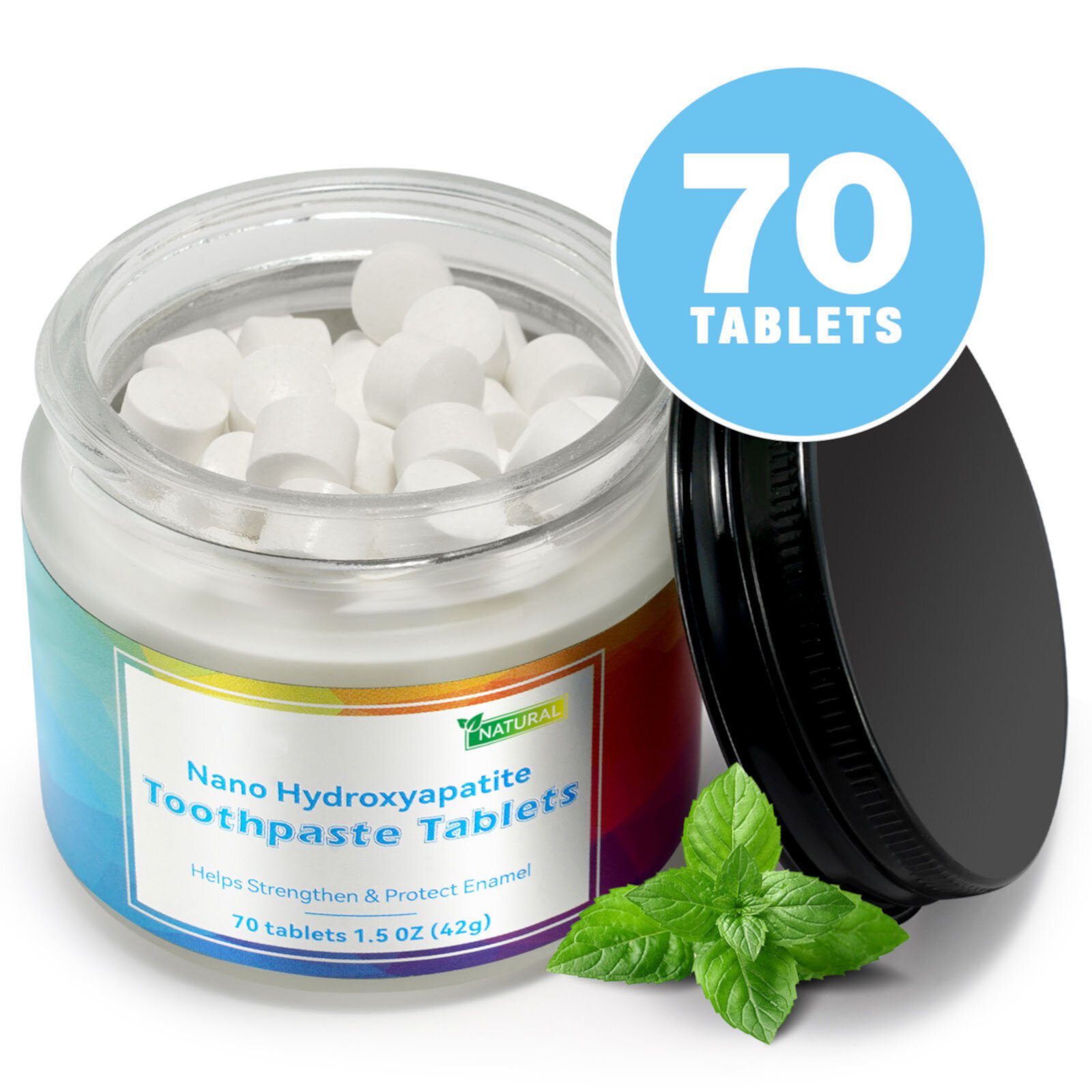 Chewable Xylitol Toothpaste Tablets -70 Natural Whitening Paste Tabs - Earth Friendly - Glass Jar - Fluoride-Free - Remineralizing Nano Hydroxyapatite - SLS Free Qolami