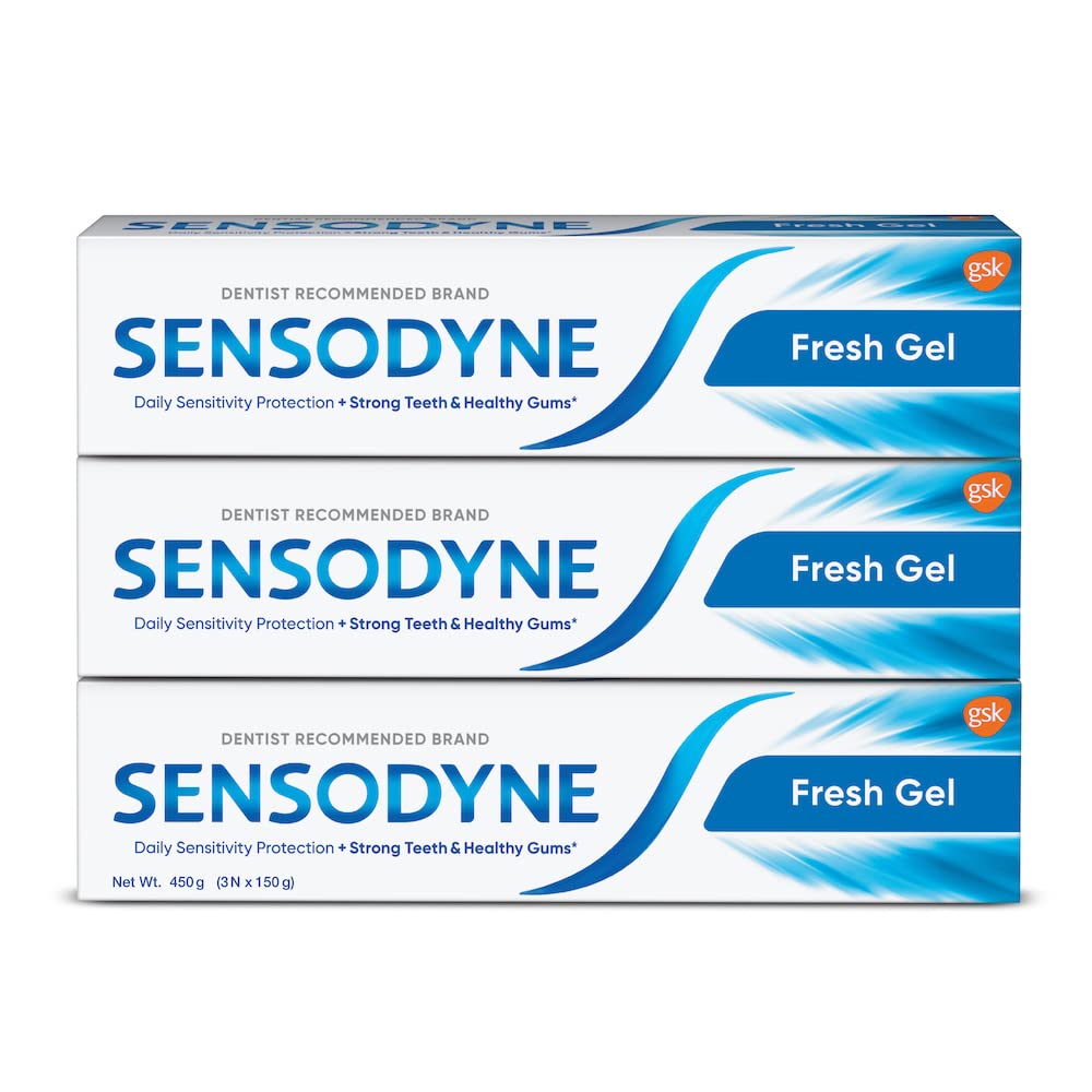 Sensodyne Toothpaste Fresh Gel Combo pack, Sensitive tooth paste for daily sensitivity protection, 450 gm multi-pack (150 gm x 3) Sensodyne