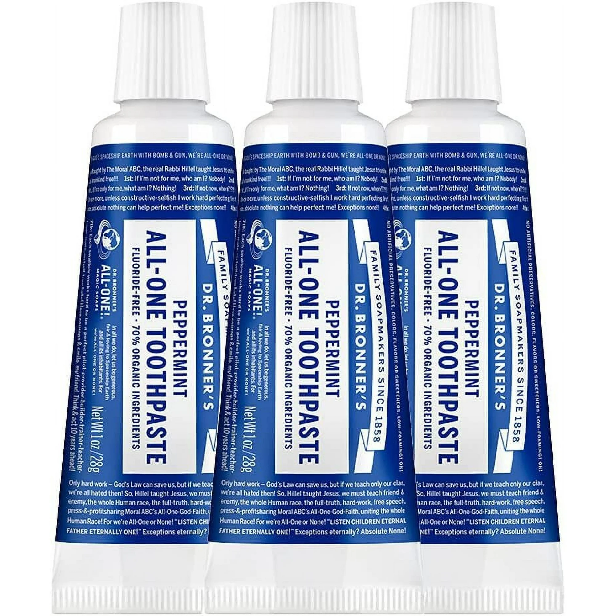 Dr. Bronners - All-One Toothpaste Peppermint, 1 Ounce, 3-Pack - 70% Organic Ingredients, Natural and Effective, Fluoride-Free, SLS-Free, Helps Freshen Breath, Reduce Plaque, Whiten Teeth, Vegan Dr. Bronner's