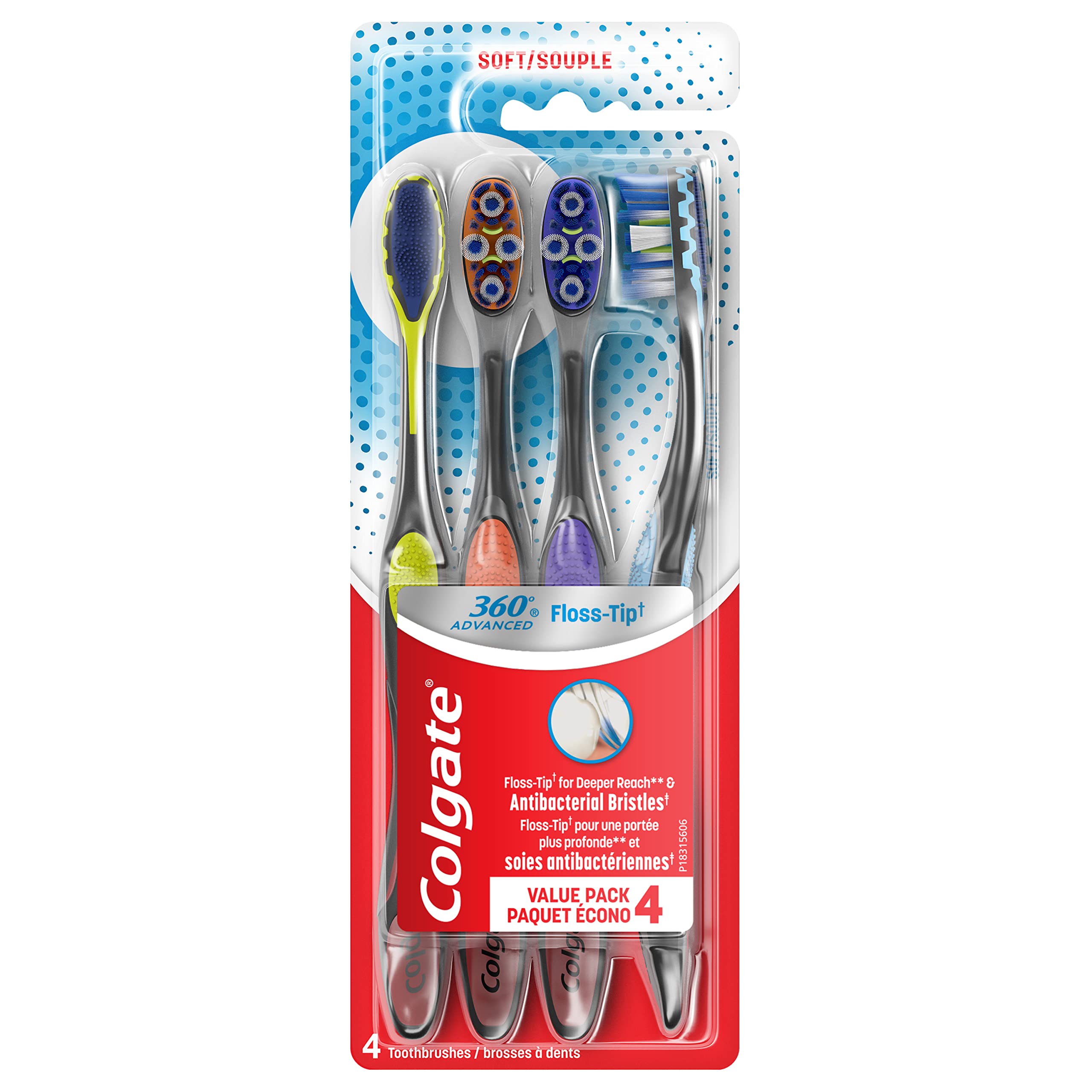 Colgate 360 Advanced Floss JMS2 Tip Toothbrush, Soft Toothbrush for Adults, 4 Pack Colgate