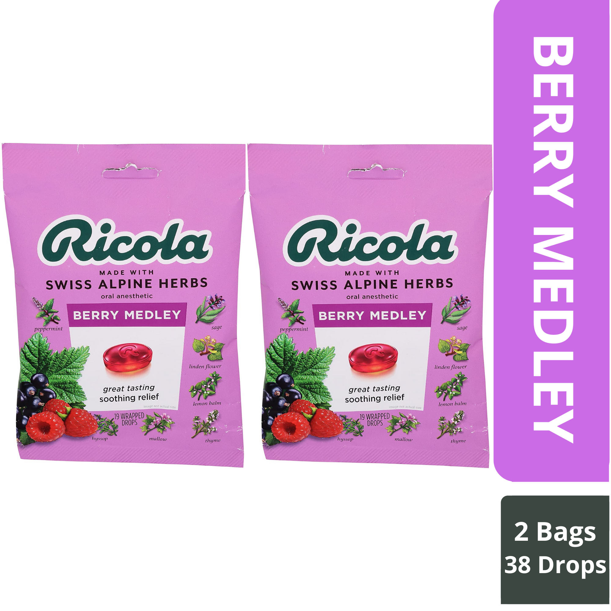 Ricola Swiss Alpine  Herbs Berry Medley Oral Anesthetic, Great Tasting Soothing Reliet  2 Bags, 19 Individually  Wrapped Drops Each Bag, (38 Drops) Ricola