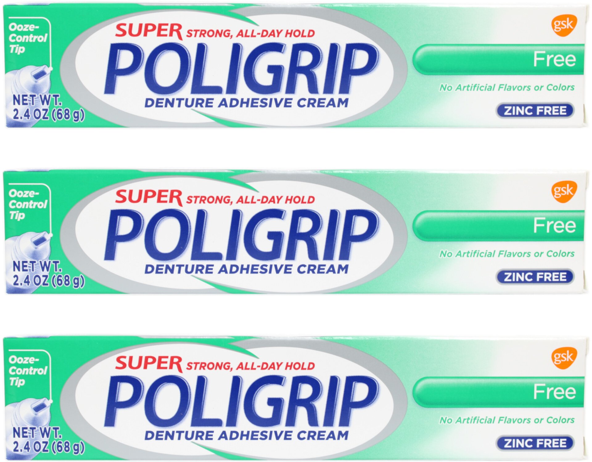 3 Pack - Super Poligrip Denture Adhesive Cream Free Triple Action, Zinc Free 2.4 Oz Super Poligrip