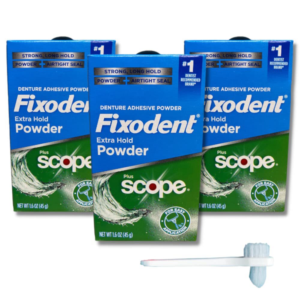 Fixodent Extra Hold Powder Plus Scope Denture Adhesive Strong 1.6oz Pack of 3 (3 Items), Fixodent