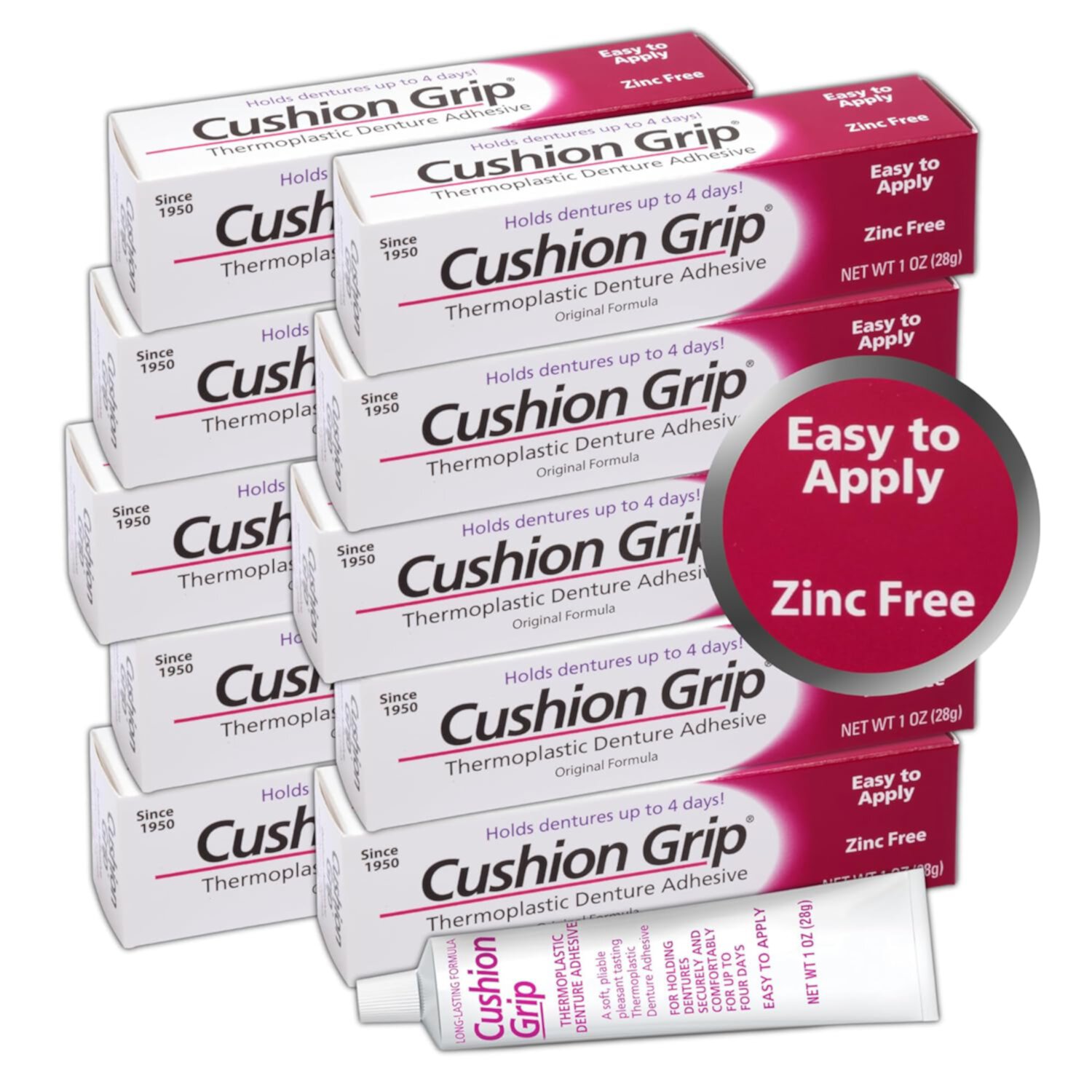 Cushion Grip Thermoplastic Denture Adhesive, 1 oz - Secure Loose-Fitting Upper and Lower Dentures and Partials | Non-Glue Adhesive, Acts Like a Soft Reliner (Pack of 10) Cushion Grip