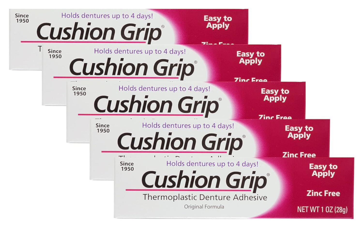 Cushion Grip Thermoplastic Denture Adhesive, 1 oz (Pack of 5) Makes Loose Dentures Fit Better and Stay in Place [Not a Glue Adhesive, Acts Like a Soft Reline] Cushion Grip