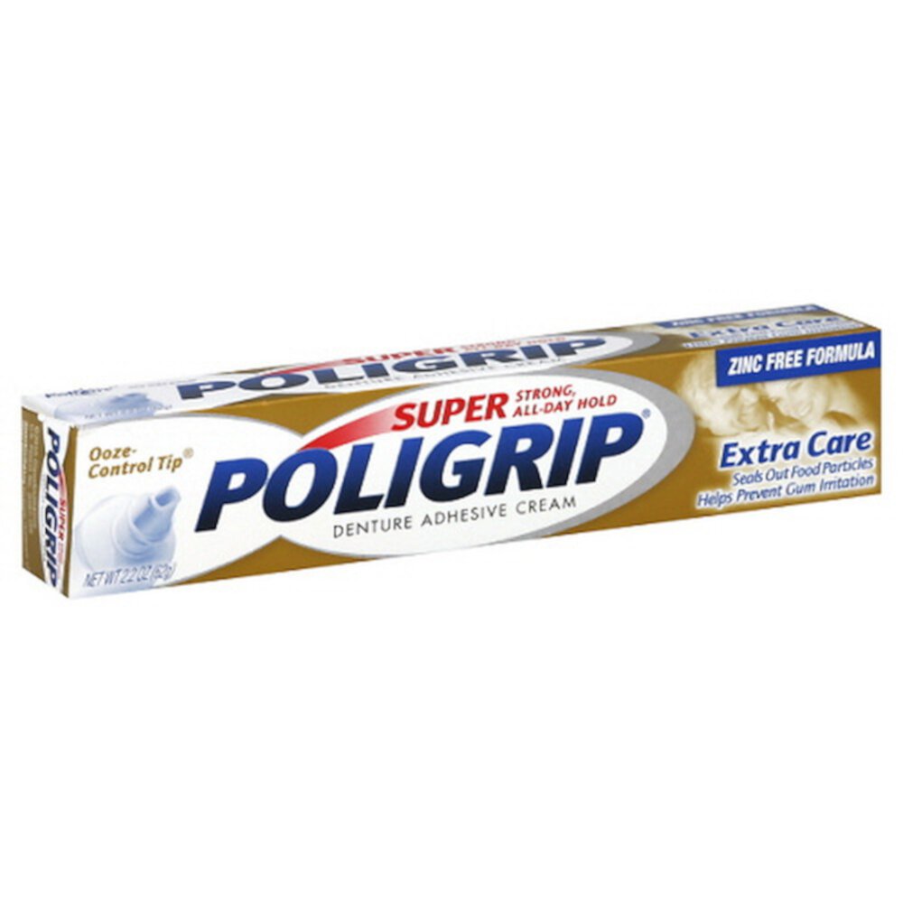 PoliGrip Super, Denture Adhesive Cream, Extra Care - 2.2 oz (Pack of 6) Poligrip