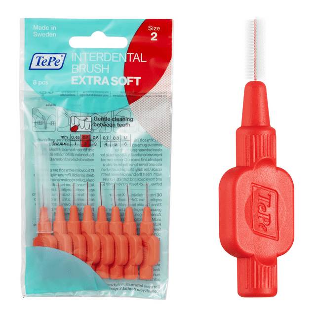 TePe Interdental Brush Extra Soft, Supersoft Dental Brush for Teeth Cleaning, Pack of 8, 0.5 mm, Extra-Small/Small Gaps, Red, Size 2 TEPE