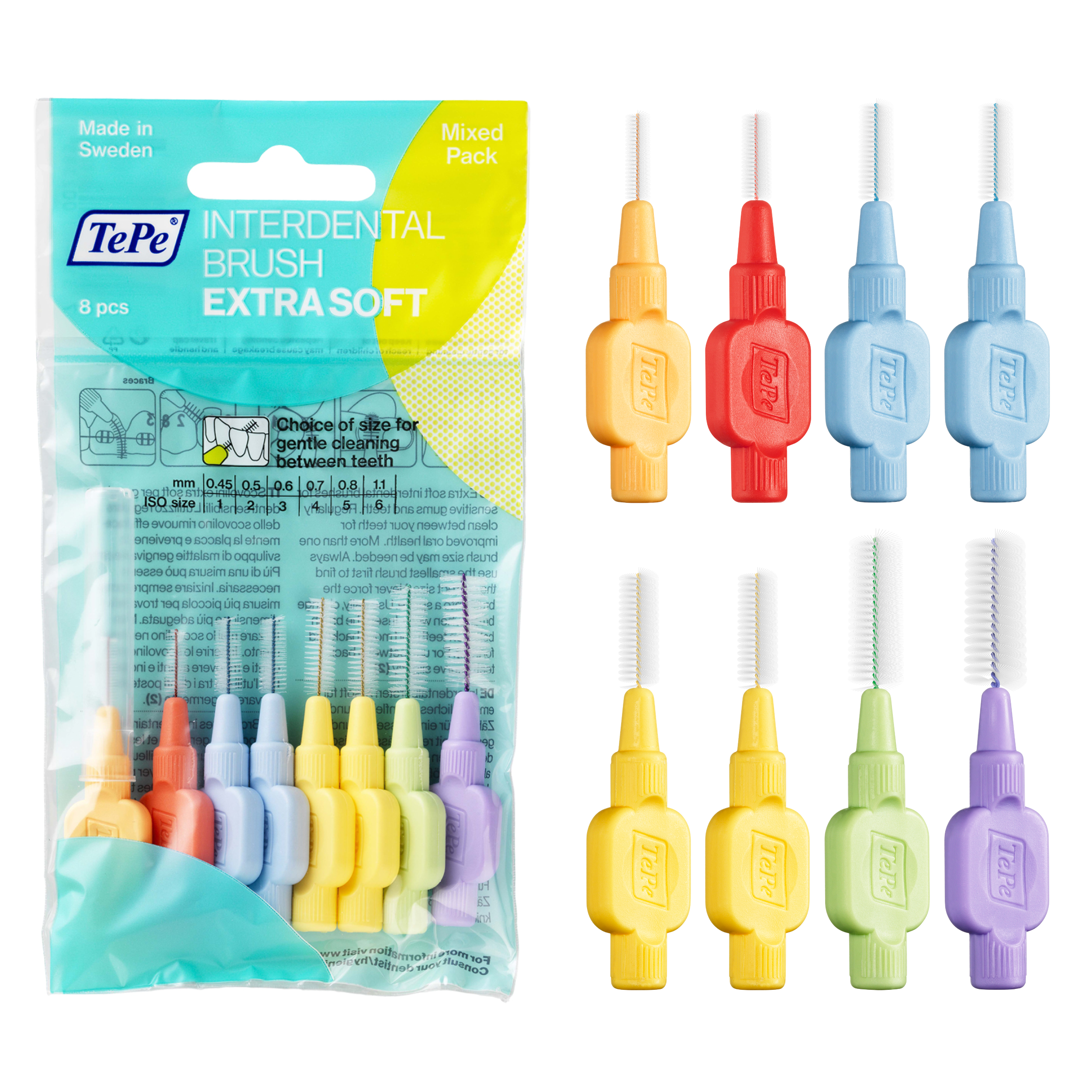 TEPE Interdental Brush Extra Soft Cleaners Mixed Pack - Dental Brushes Between Teeth 8 Pack, 0.45 to 1.1 MM TEPE