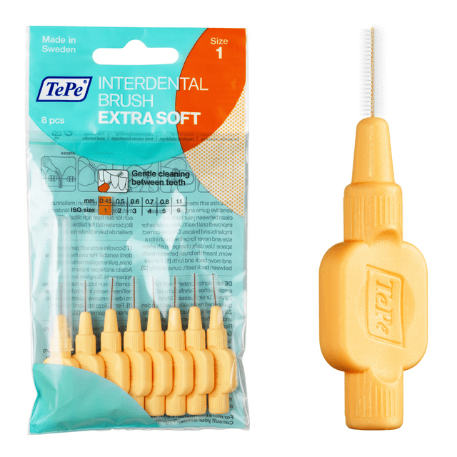 TePe Interdental Brush Extra Soft, Supersoft Dental Brush for Teeth Cleaning, Pack of 8, 0.7 mm, Medium Gaps, Yellow, Size 4 TEPE