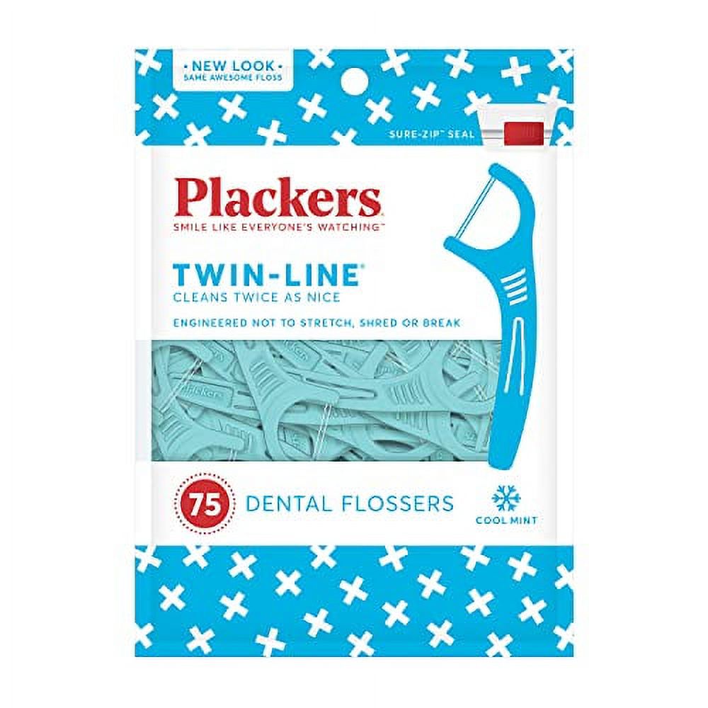 Plackers Twin-Line Dental Flossers, Cool Mint Flavor, Dual Action Flossing System, Easy Storage, Super Tuffloss, 2X The Clean, 75 Count Visit the Plackers Store