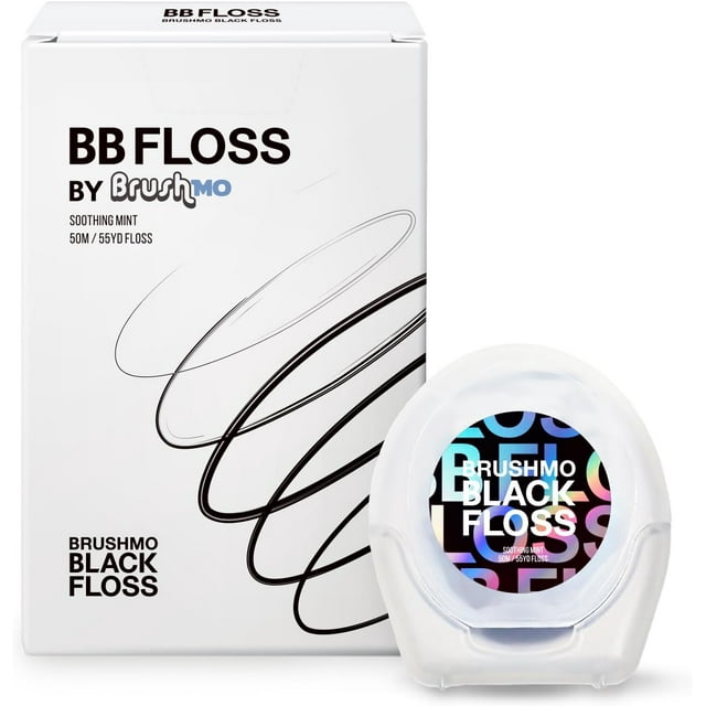 Brushmo Black Floss Expanding Woven Dental Floss, Dentist-Designed Oral Care, Mint, Shred Resistant, Waxed, Vegan, Kid-Friendly String Floss with Microcrystalline Wax, 1 Spool (55 yd) Brushmo