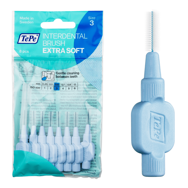 TePe Interdental Brush Extra Soft, Supersoft Dental Brush for Teeth Cleaning, Pack of 8, 0.6 mm, Medium Gaps, Blue, Size 3 TEPE