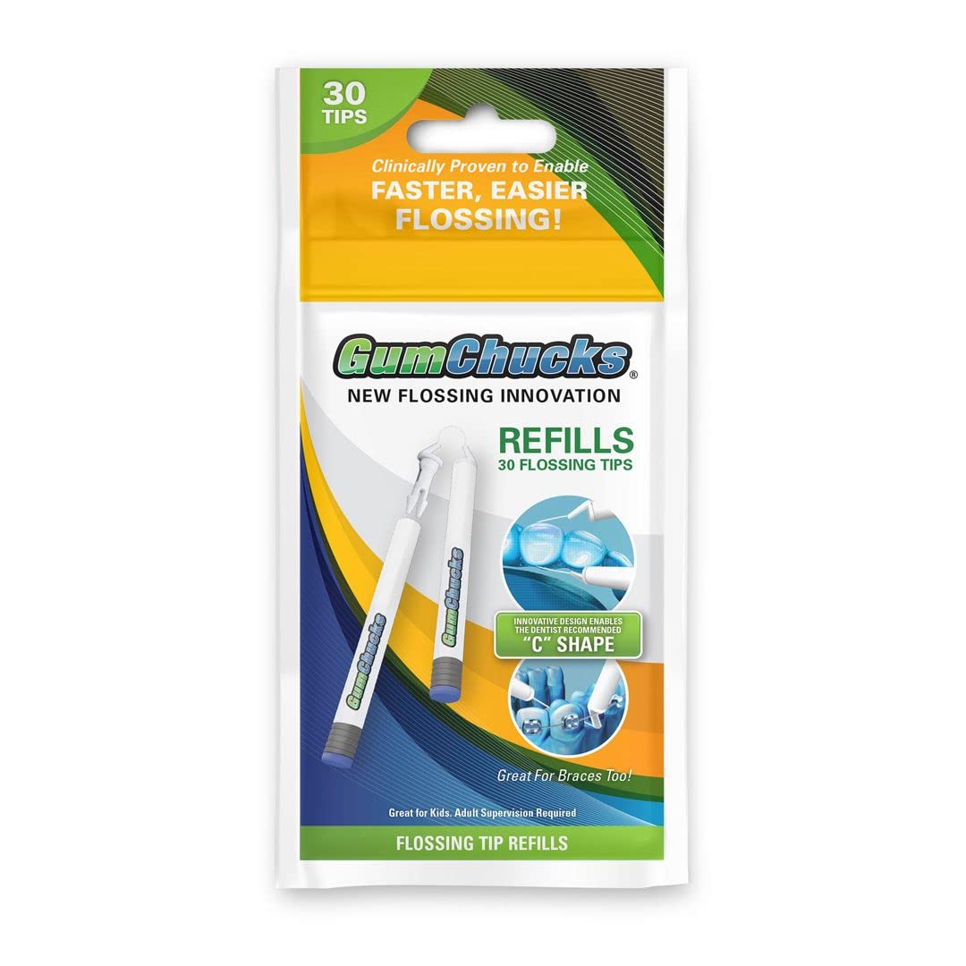 GumChucks | Faster, Easier Flossing! Universal 30 Pack of Flossing Tip Refills for Adults and Kids Handles | Dental Gum Floss Picks | Floss Threaders Tool | Flossers Designed for Braces Gumchucks