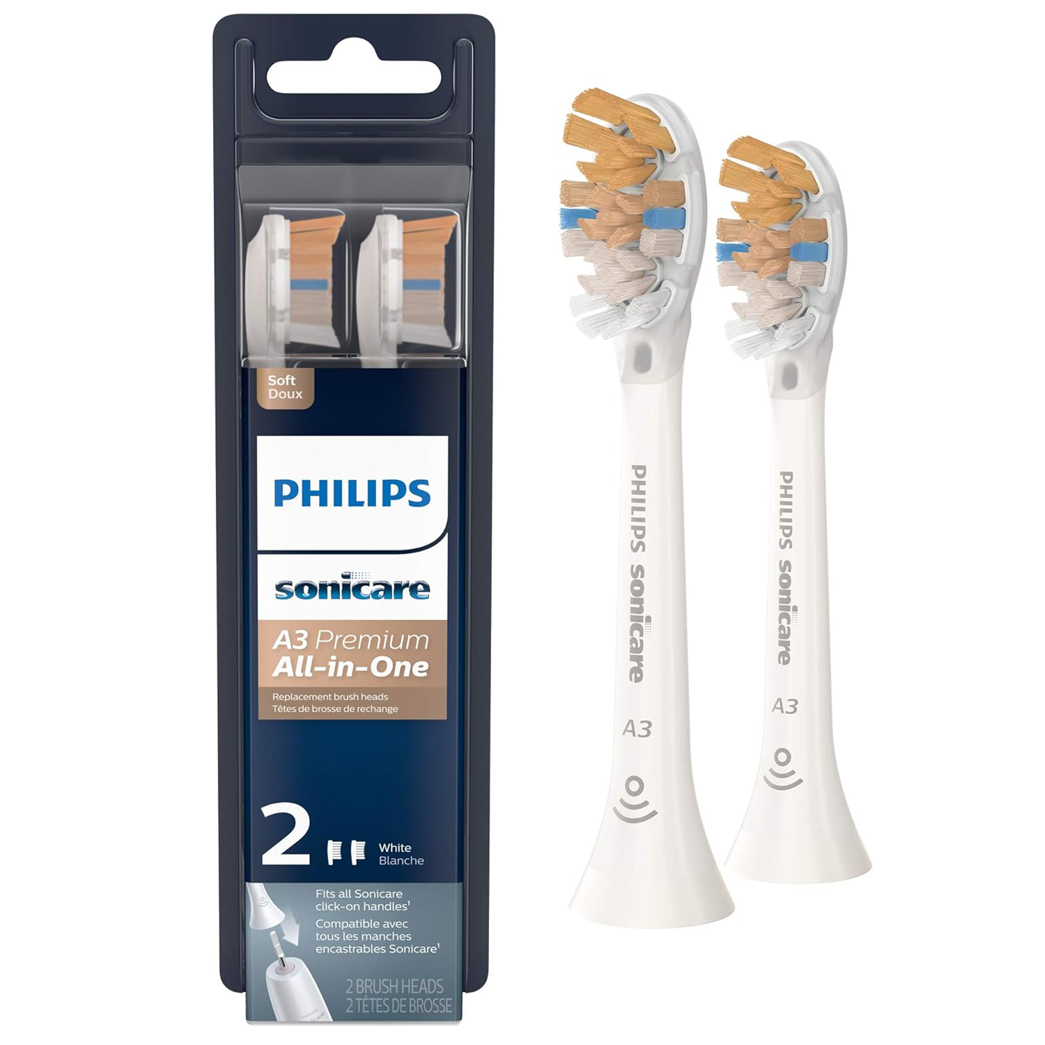 A3 Premium All-in-One Replacement Toothbrush Heads, Compatible with Philips Sonicare Handles Electric Toothbrush Brush Heads,2 Brush Heads, White, HX9092/65 HX9092