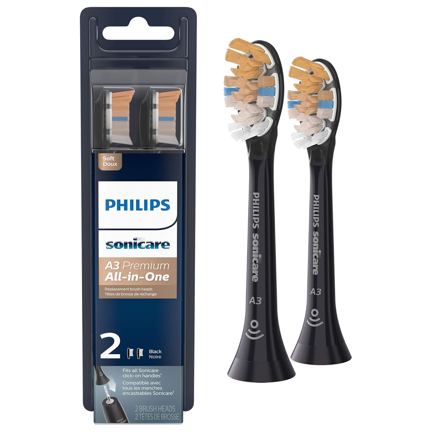 A3 Premium All-in-One Replacement Toothbrush Heads, Compatible with Philips Sonicare Handles Electric Toothbrush Brush Heads,2 Brush Heads, Black, HX9092/65 HX9092/65