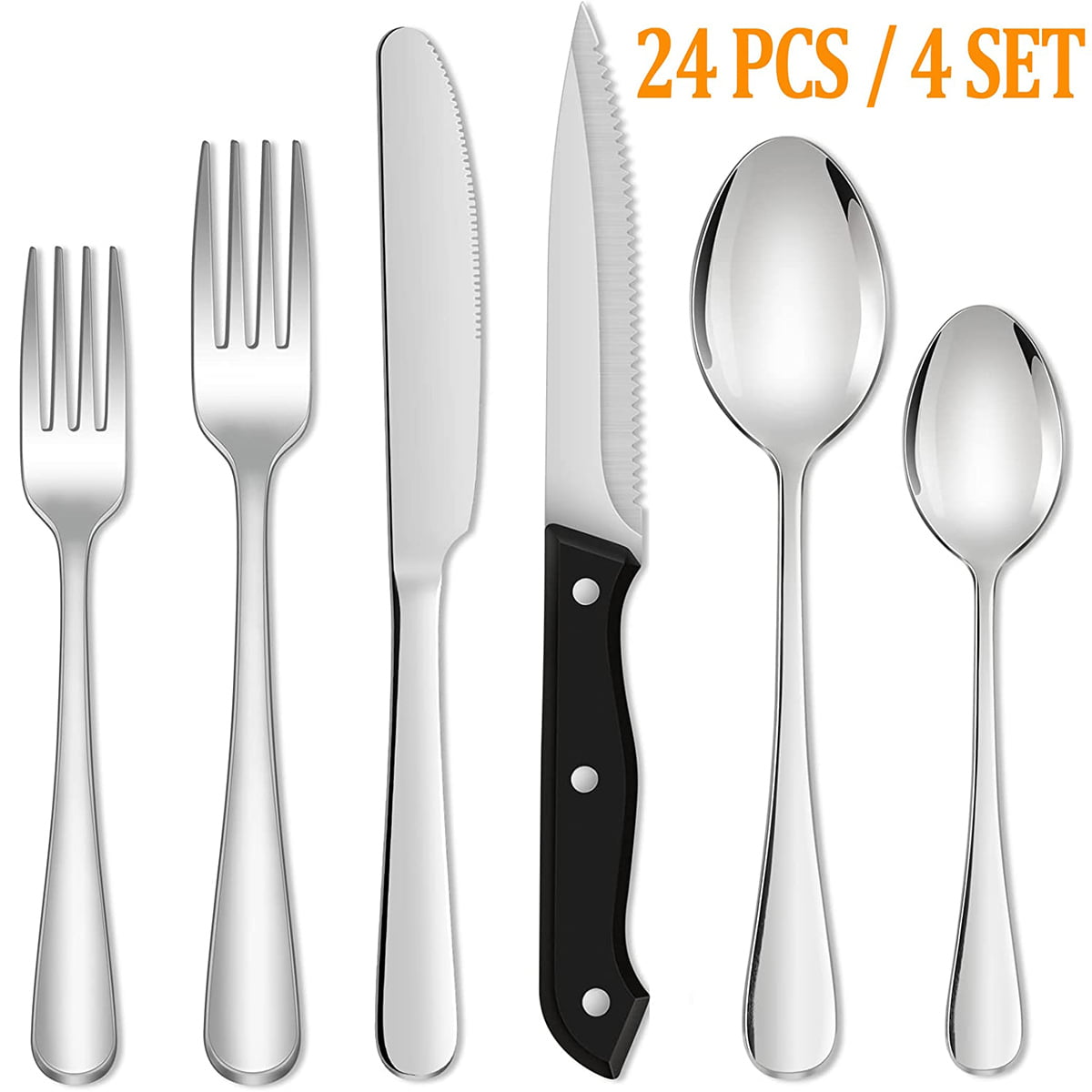 24 Piece Silverware Set with Steak Knives, Stainless Steel Flatware Set, Cutlery Set Service for 4, Mirror Polished Utensils Set, Forks and Spoons Silverware Set, Dishwasher Safe Visit the GPED Store