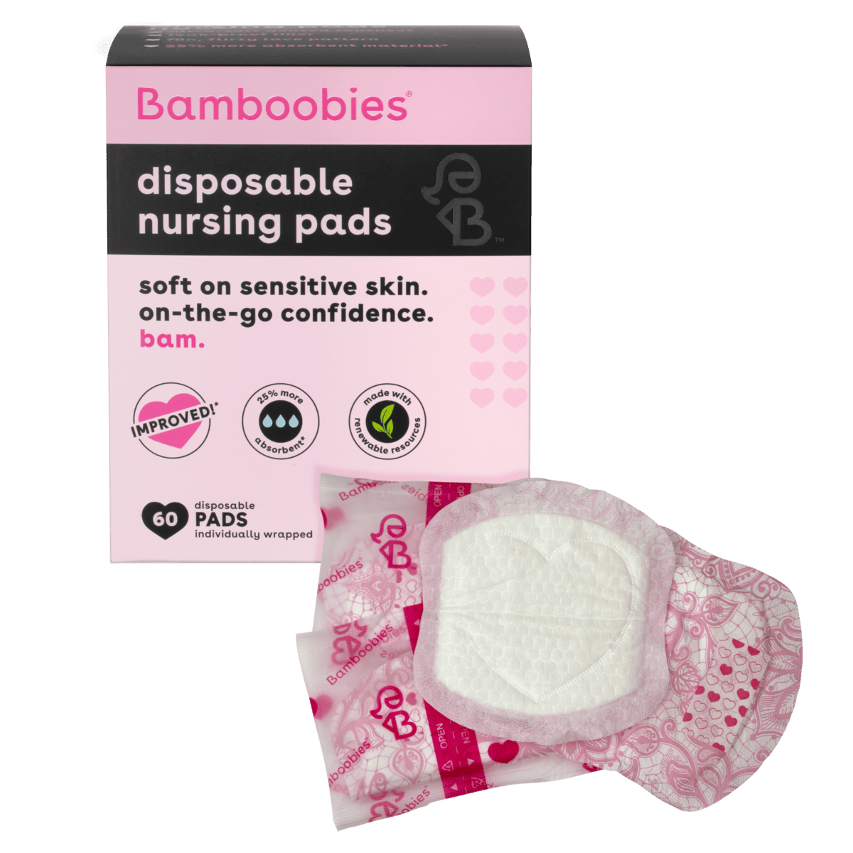 Bamboobies Nursing Pads for Breastfeeding, 60 Count, Disposable Breast Pads for Sensitive Skin Bamboobies