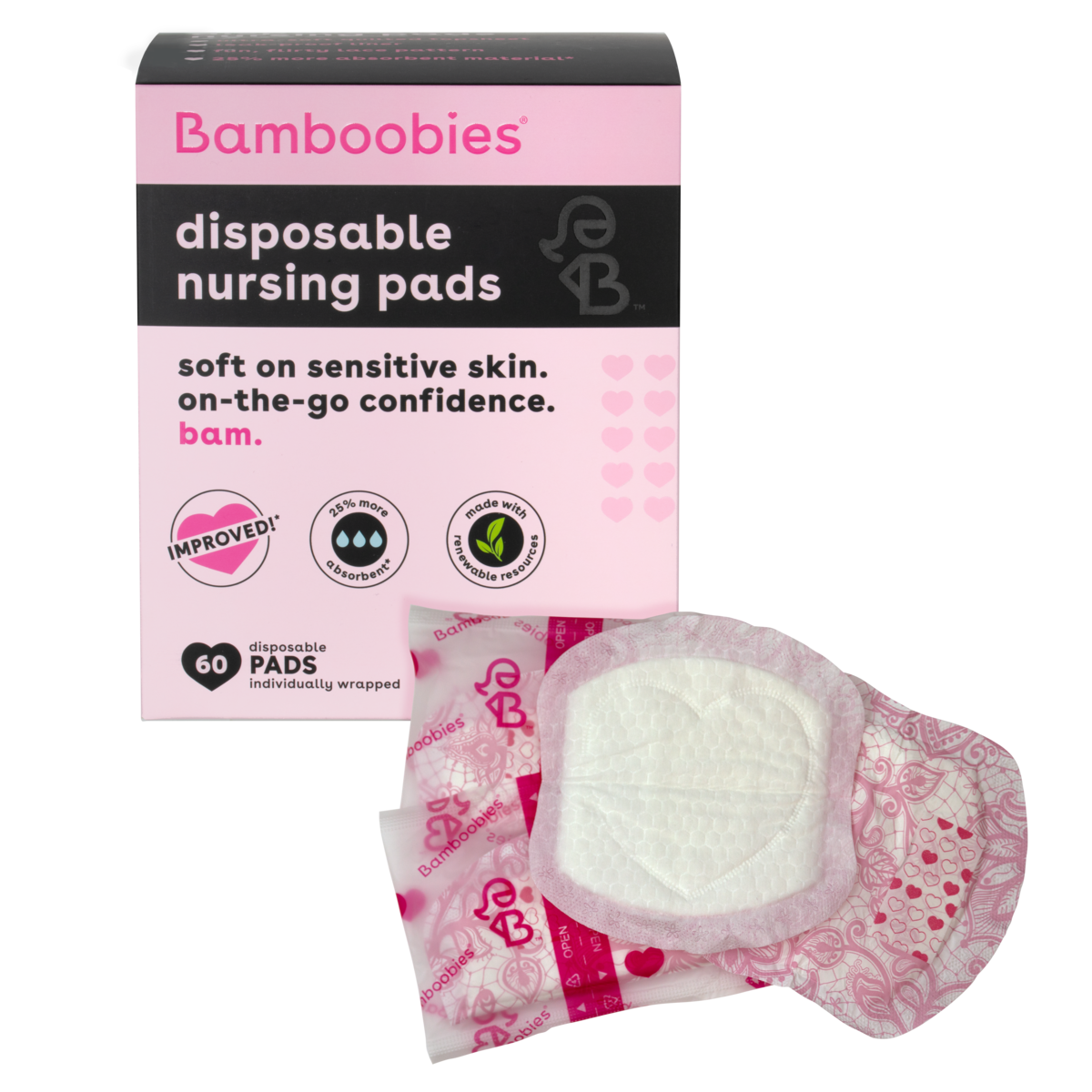 Bamboobies Nursing Pads for Breastfeeding, 60 Count, Disposable Breast Pads for Sensitive Skin Bamboobies