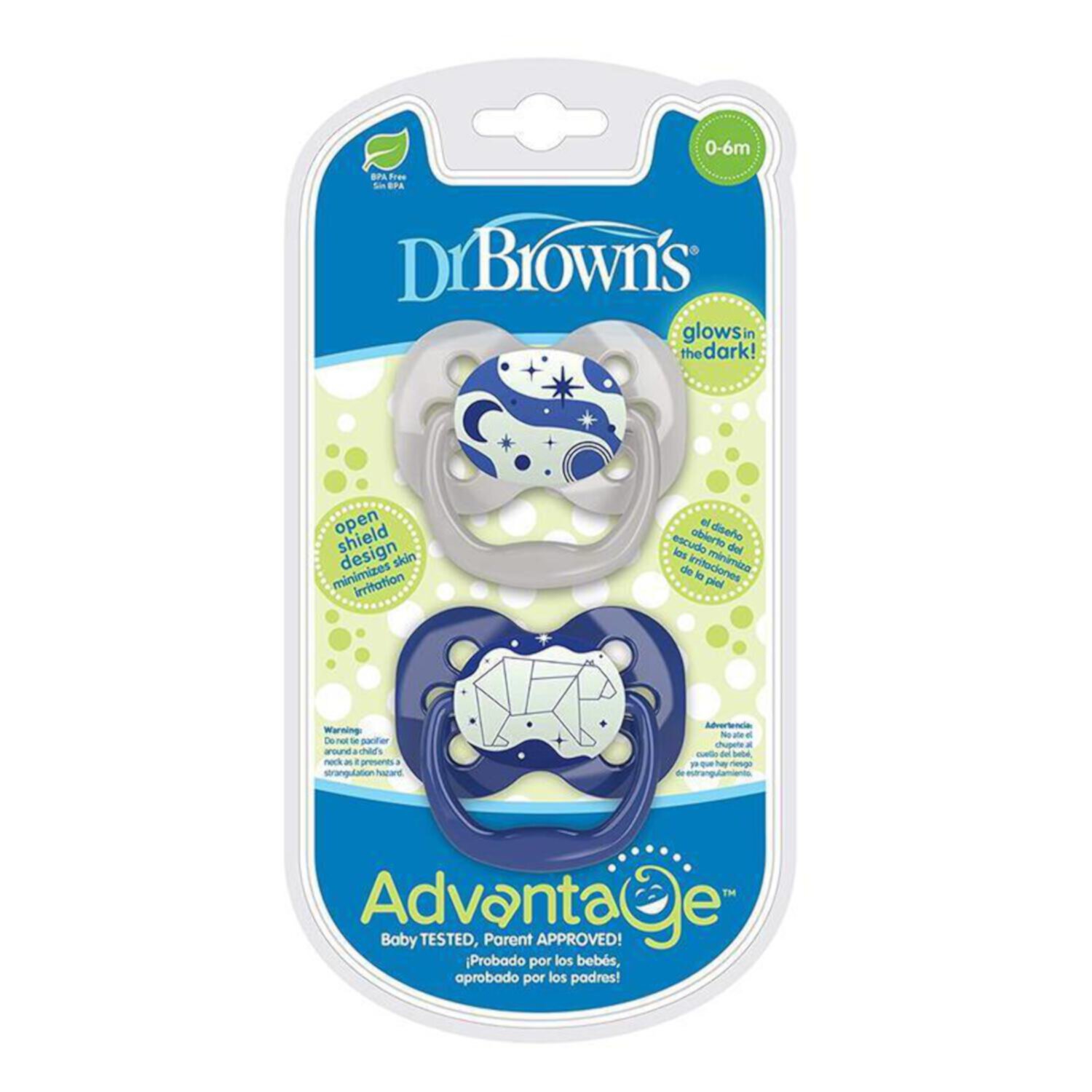 Dr. Brown's Advantage Glow-in-the-Dark Pacifier, 100% Silicone Baby Paci Symmetrical Soother, 0-6m, BPA free, Blue, 2 Pack Visit the Dr. Brown's Store