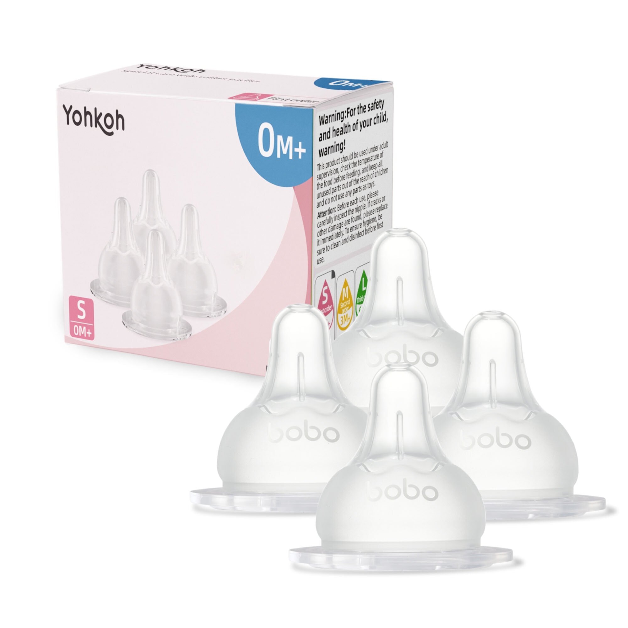 YOHKOH Natural Flow Level 3,Wide-Neck Baby Bottle Silicone Nipple,Medium-Fast Flow,6m+,4Pk YOHKOH