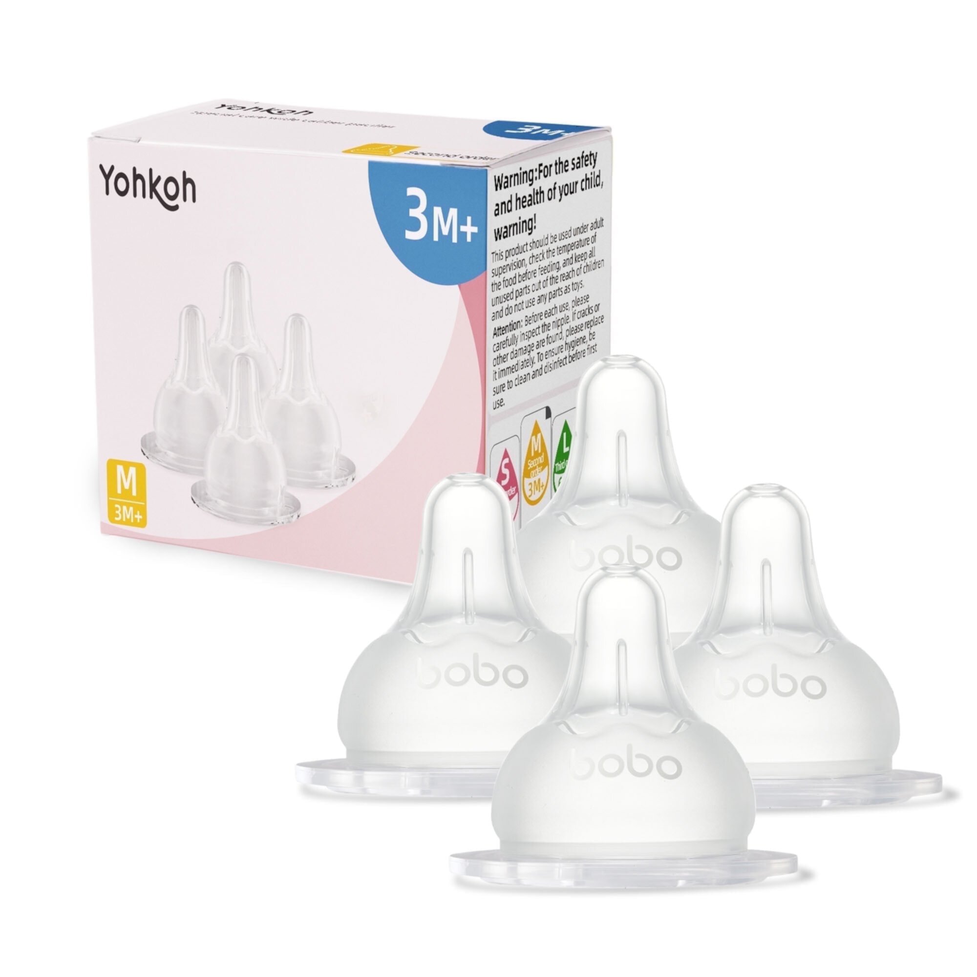 YOHKOH Natural Flow Level 2 Wide-Neck Baby Bottle Nipple,3m+,Silicone Pacifier,4-Pack YOHKOH