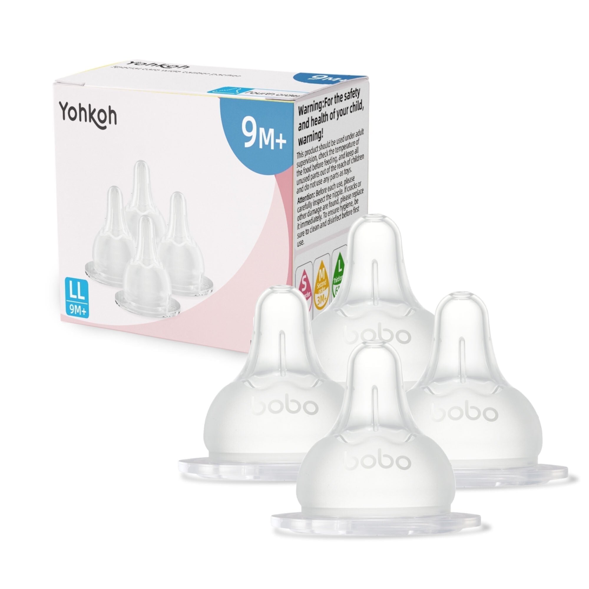 YOHKOH Natural Flow Wide-Neck Baby Silicone Bottle Nipple,Variable Flow,9m+,4pk YOHKOH