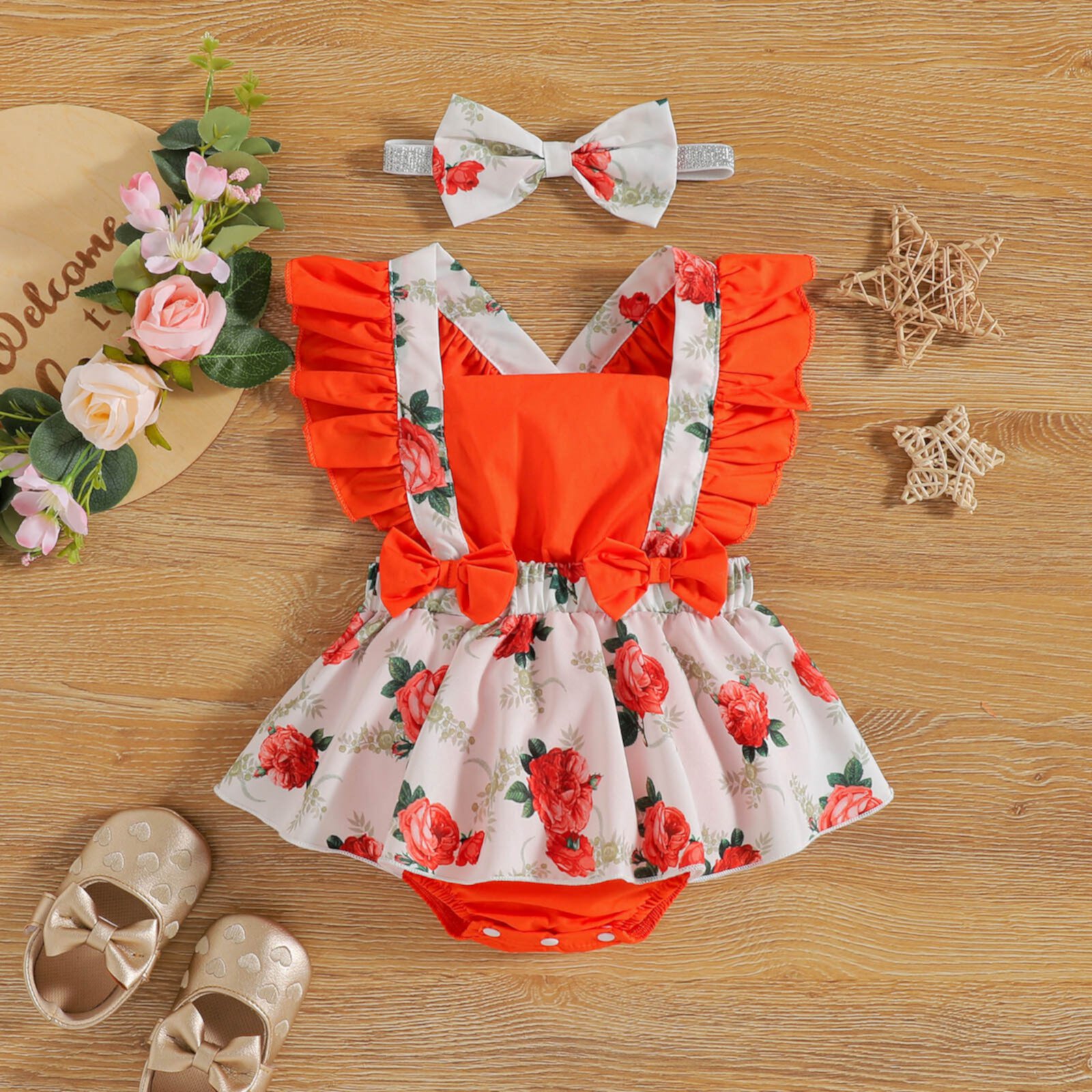 Herrnalise Toddler Baby Girls Fashion Cute Flowers Print Ruffles Short Sleeve Romper Bow Bodysuit Jumpsuit Suit 0-2 Years Deals Herrnalise