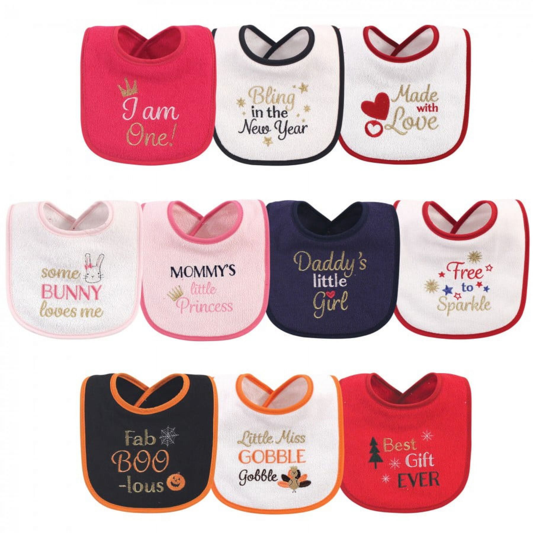 Hudson Baby Infant Girl Cotton Terry Drooler Bibs with Fiber Filling 10pk, Holiday Girl I Am One, One Size Hudson Baby