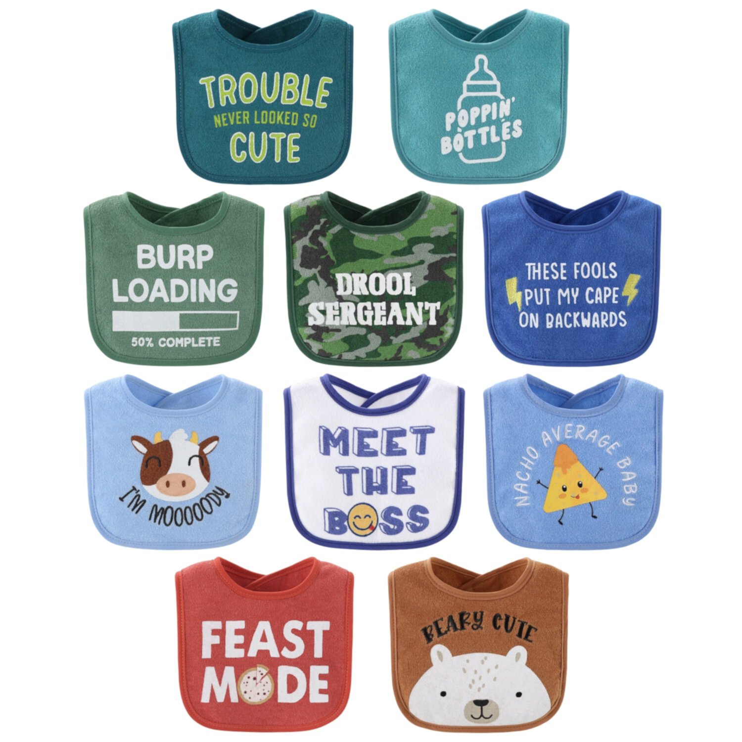 The Peanutshell Oh Boy! Terry Baby Bib 10 Pack Set, Feeding, Teething, Drooling The Peanutshell