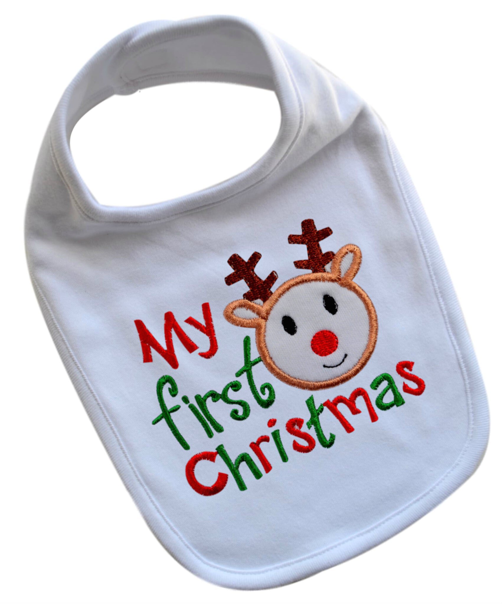 My First Christmas Embroidered Reindeer Holiday Baby Bib - 100% Cotton Funny Girl Designs