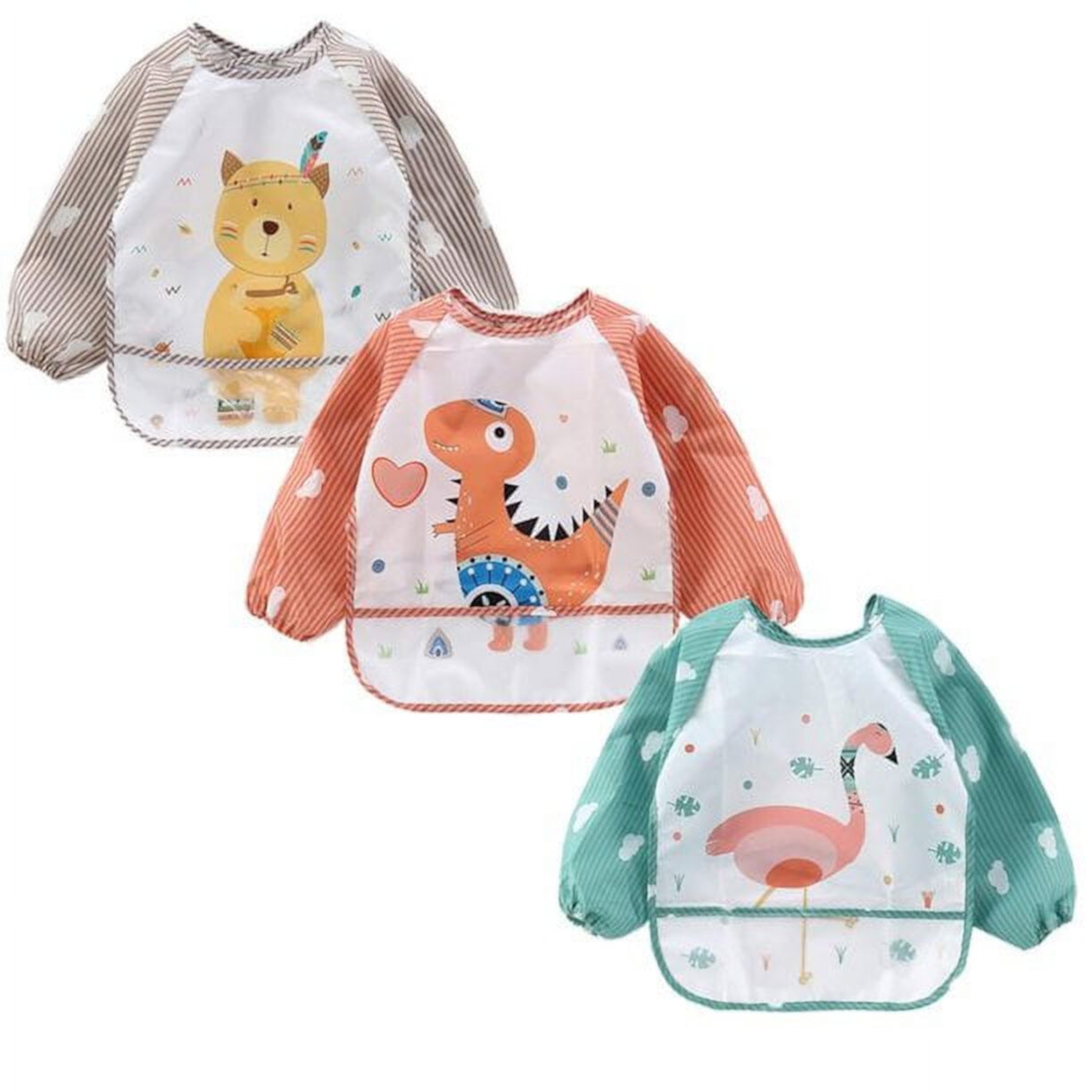 3-Pack Baby Long Sleeve Waterproof Bib Full Coverage Apron Smock Toddler Bibs with Pocket 9-36 Months Voltenick