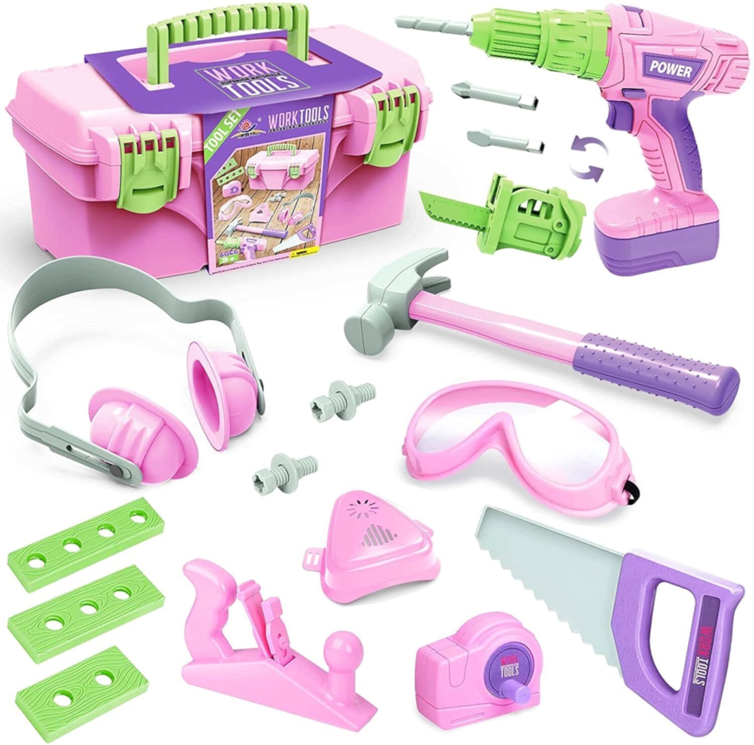 Kids Tool Sets, 22 Pcs Toddler Tool Set for Boys Girls 3-5, ENP Pretend Play Preschool Toys, Birthday Christmas Gift for Kids Age 3+, Pink EXERCISE N PLAY