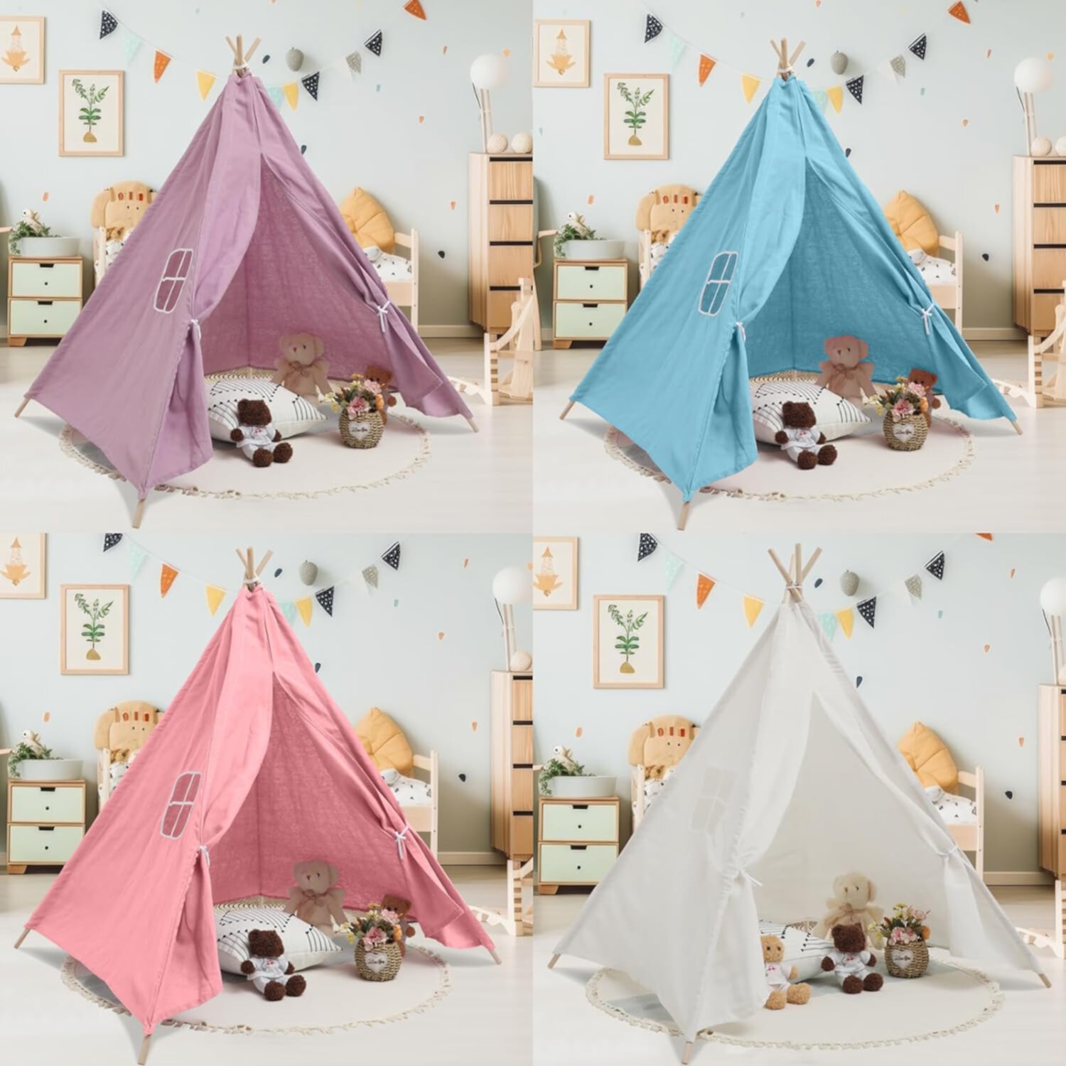 4 Pcs Teepee Tent for Kids Tent Indoor Foldable Toddler Play Tent Cotton Canvas Sleepover Tents Childrens Tent for Girls Boys Outdoor Playhouse Room Camping Study Read Play Game, 4 Colors HUNKENG