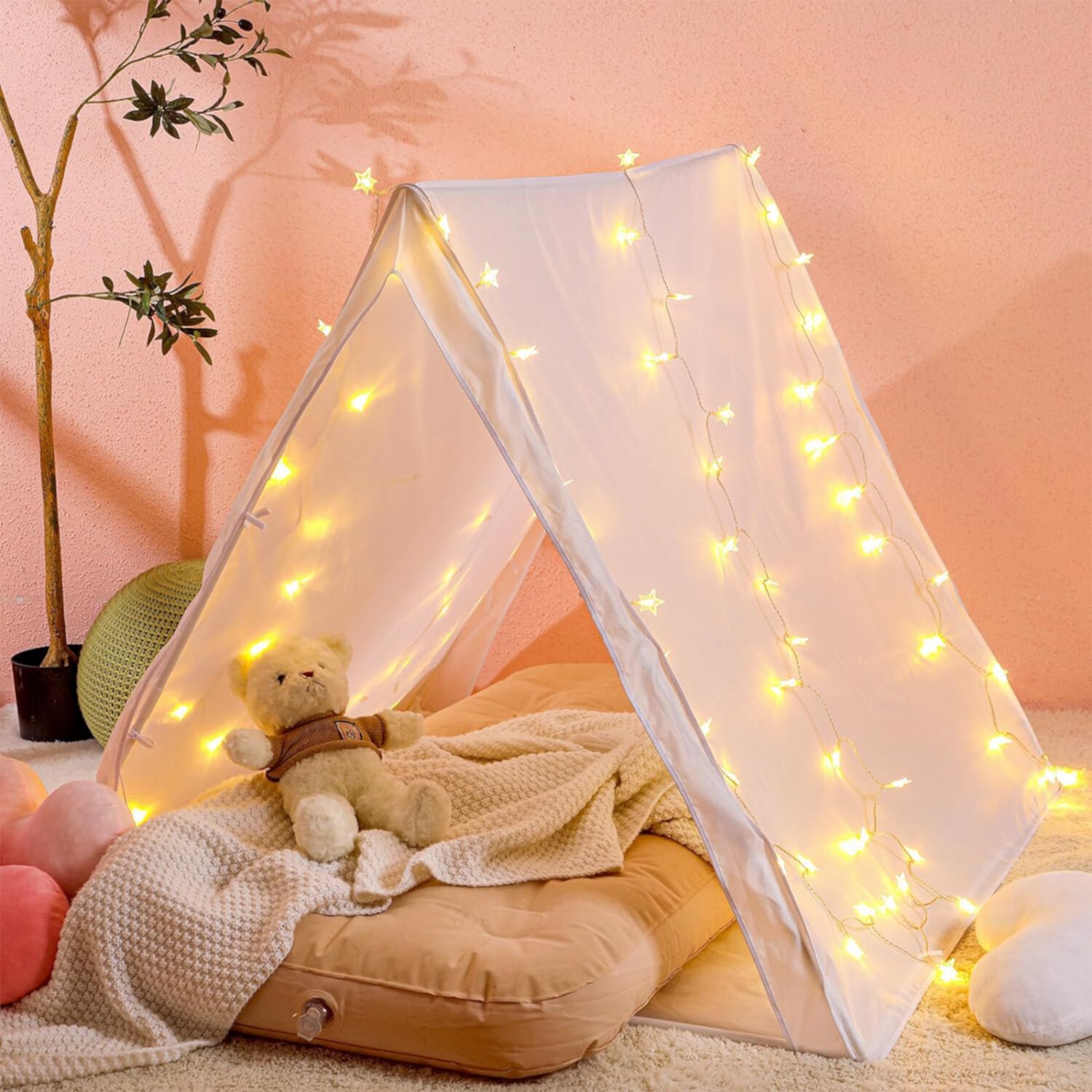 Sleepover Tent Set Includes 1 Piece Teepee Tent 1 Piece Inflatable Airbed 1 Piece Star String Lights, Kids Travel Bed Inflatable for Kids Girls Boys Indoor Outdoor SKYY