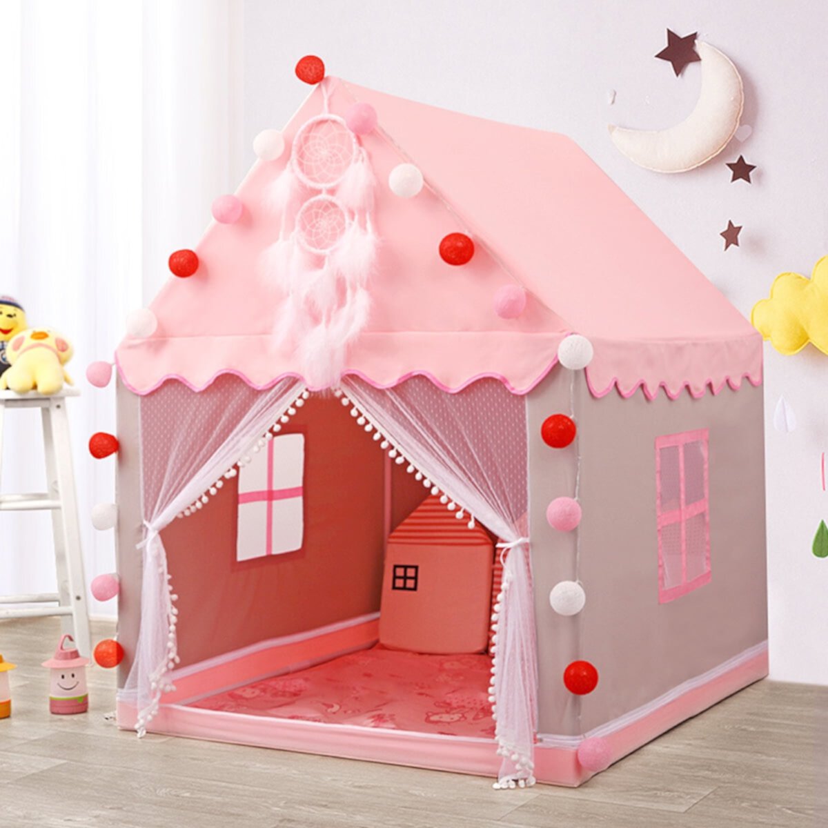 Ghojet Indoor/Outdoor Fairy Princess Castle Tent, Pink Kids Large Playhouse Tent Kids Play Tent Princess Castle Pink Play Tent House Ghojet