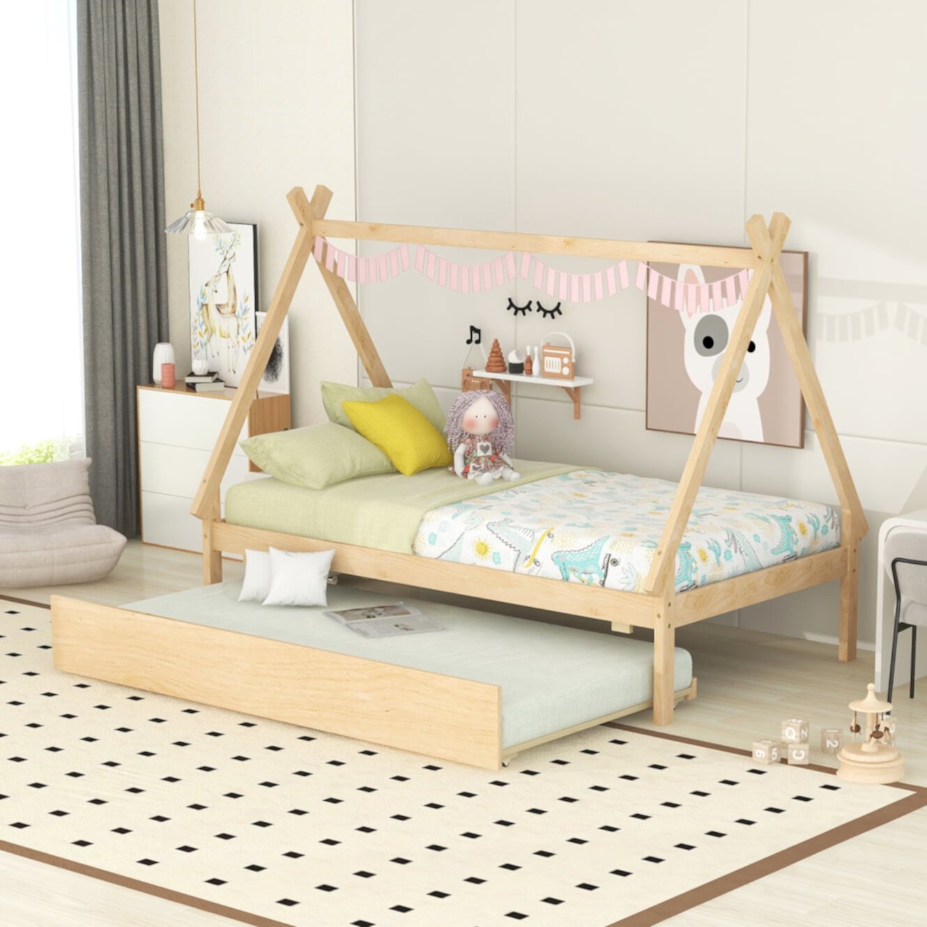 Twin Size Tent Floor Bed with Trundle, Montessori Floor Bed for Kids Boys Girls, Wood Teepee Bed Frame for Bedroom, Can Be Decorated, Gray JAMPOOCA