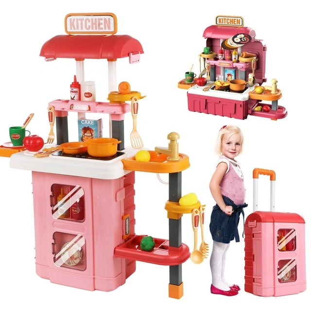 Petbank 49PCS Realistic Kids Kitchen Playset,3 in 1 Kitchen Pretend Play Toys with Sound & Light,Cooking Stove with Steam,Play Sink and Toy Kitchen Accessories for Girls Boys(Pink) Petbank