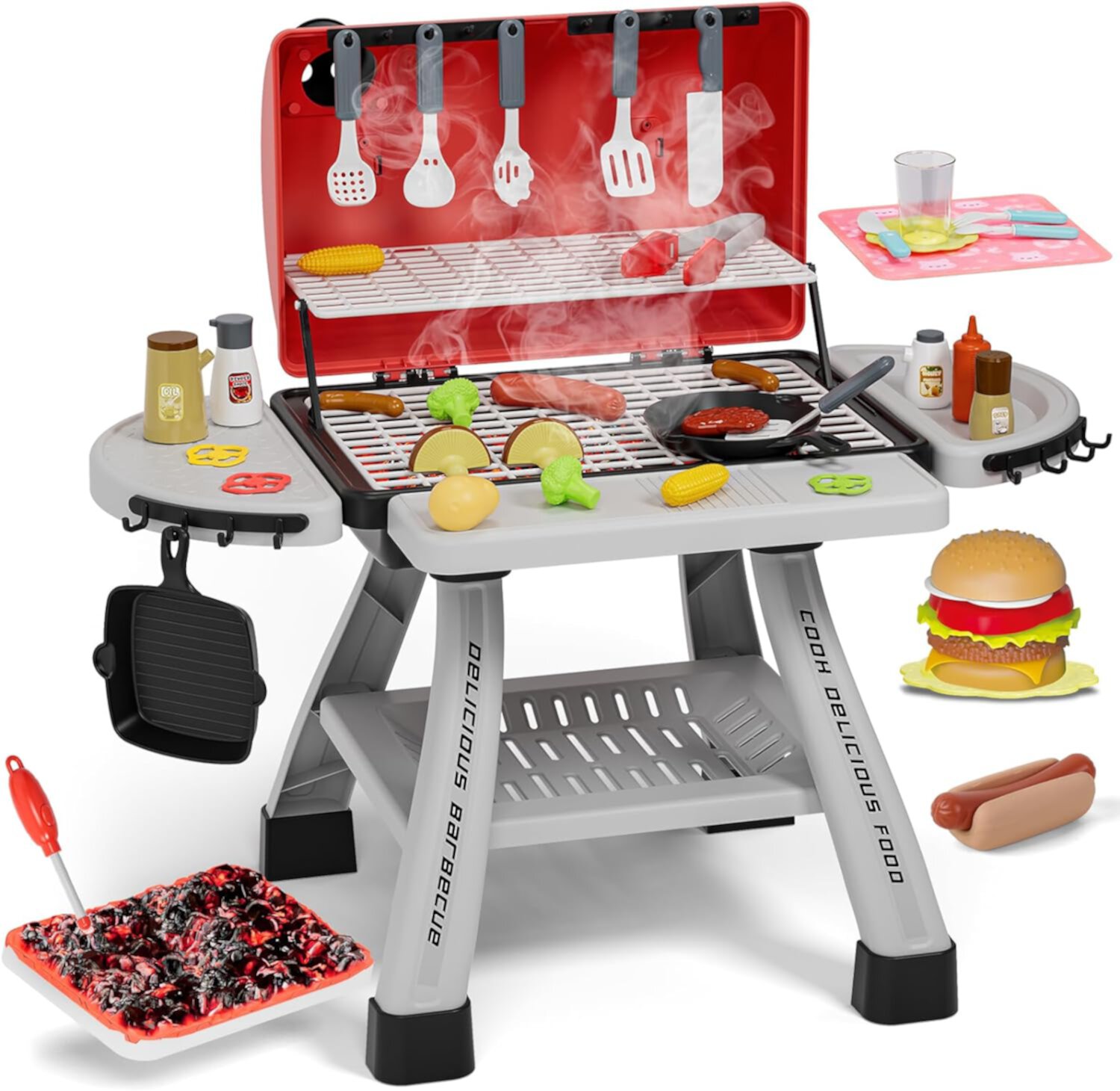 Kids Toys Kitchen Playset, Kids BBQ Grill Playset with Smoke, Sound & Light, Toy Grill for Kids, Pretend Play Food Hamburger, Interactive Toys Barbecue Cooking Game for Toddlers Boys Girls 3-5 CEDQ