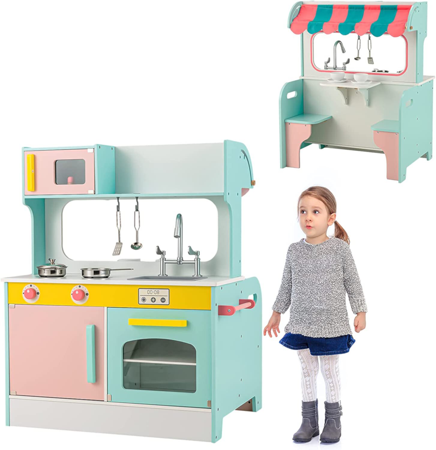 INFANS 2 in 1 Kids Play Kitchen and Restaurant, Double Sided Toddler Wooden Pretend Cooking Set with Stove Sink Microwave Storage Cabinet, Simulation Play Kitchen Toy Set for Children Boys Girls INFANS