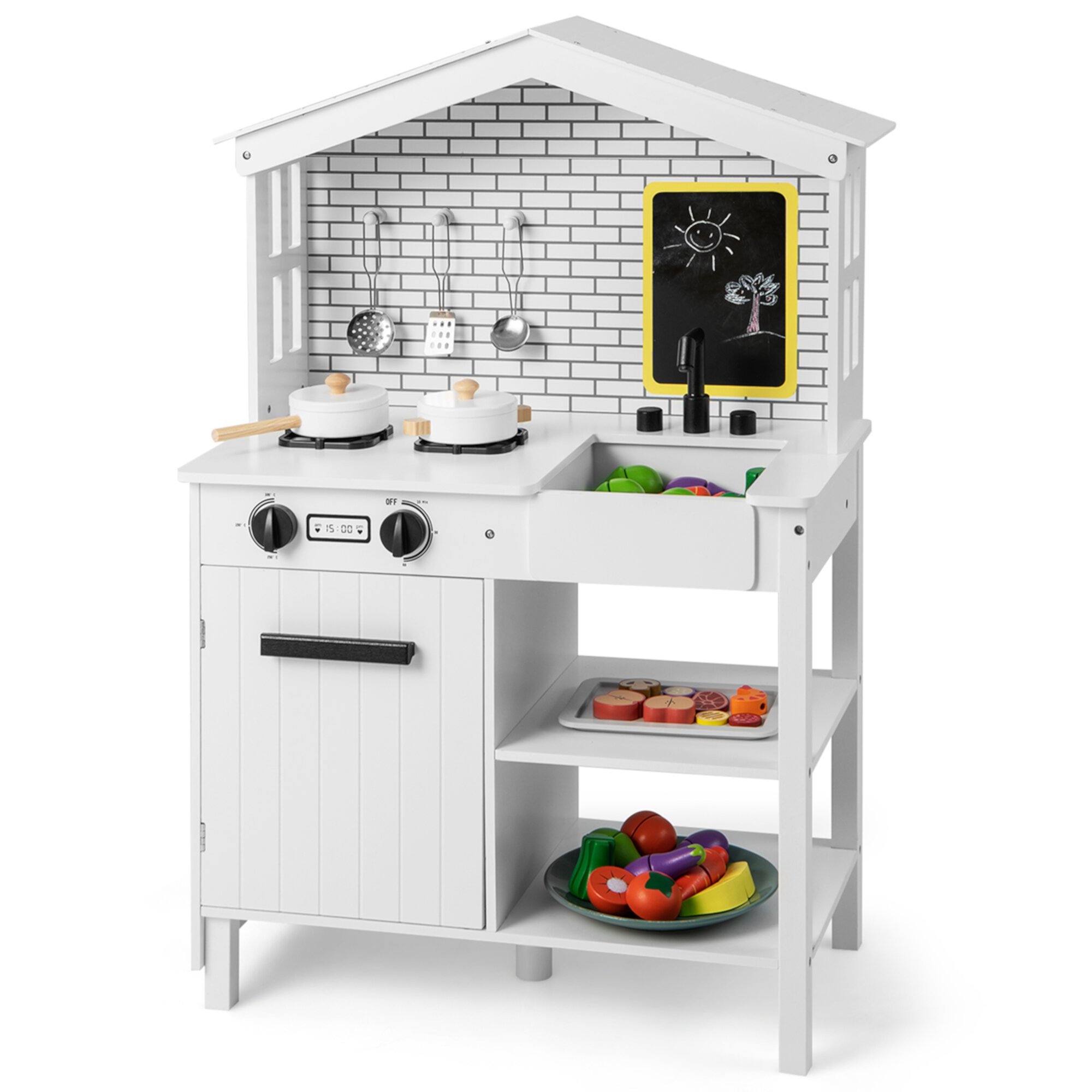 Costway Kids Farmhouse Kitchen Play Set Wooden Pretend Toy with Storage & Accessories Visit the Costway Store